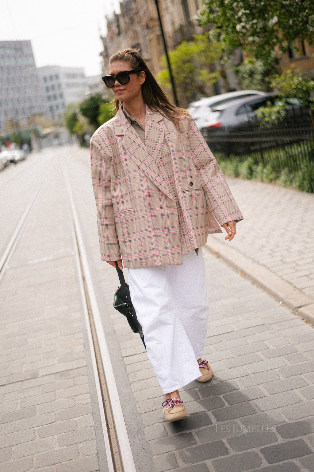 Chloe oversized signature check blazer - pink/beige