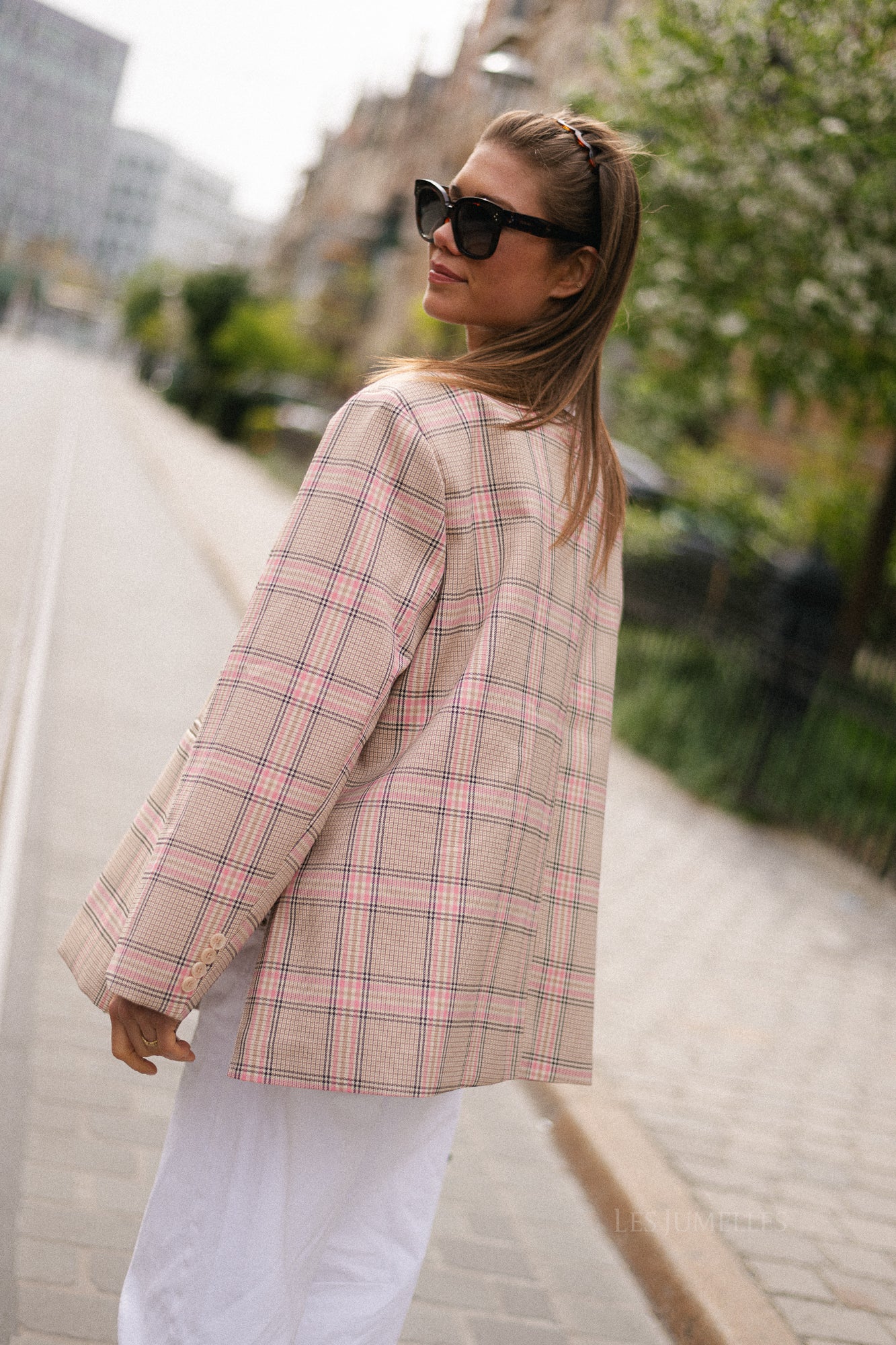 Chloe oversized signature check blazer - pink/beige