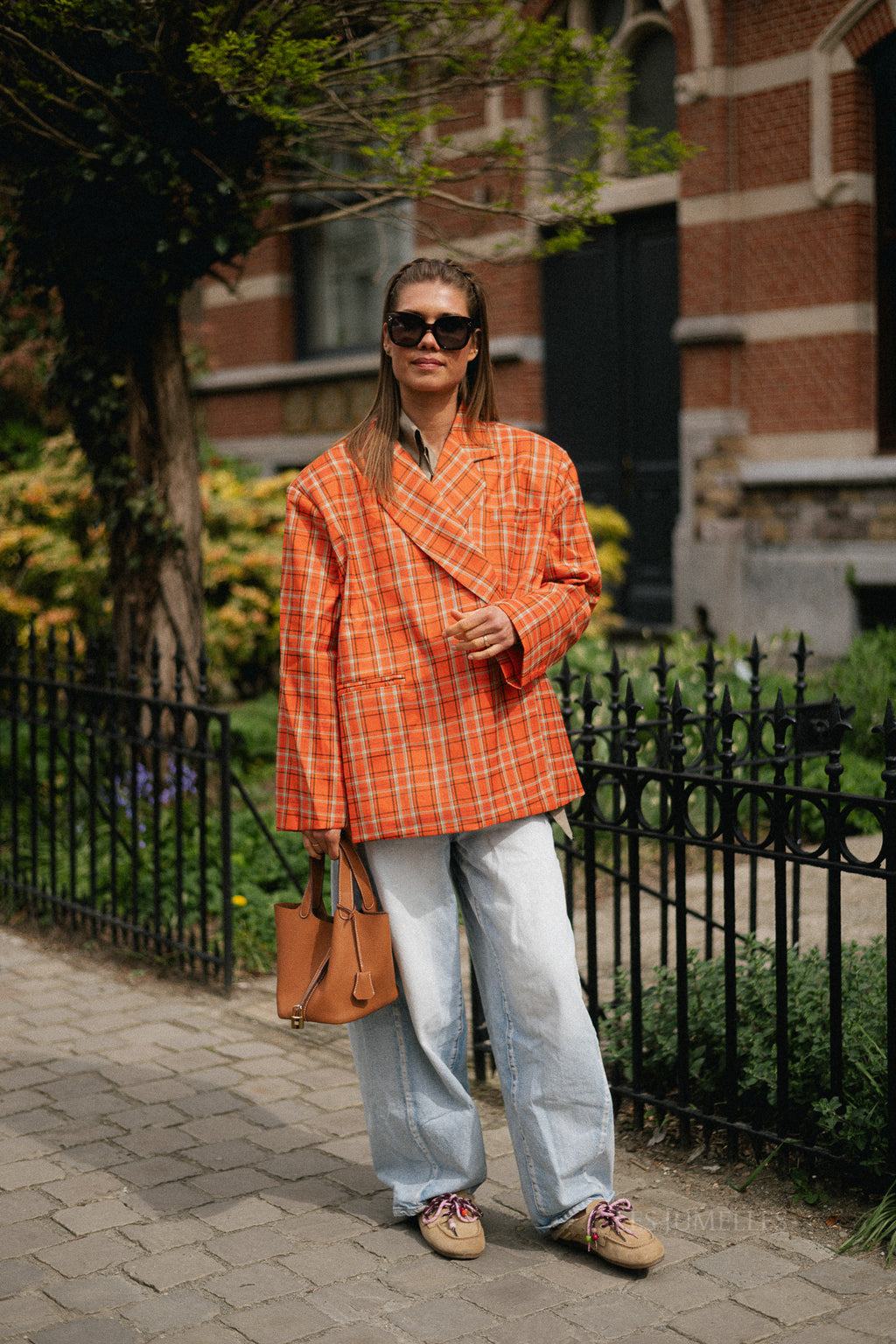 Chloe oversized signature check blazer - bright orange/ taupe