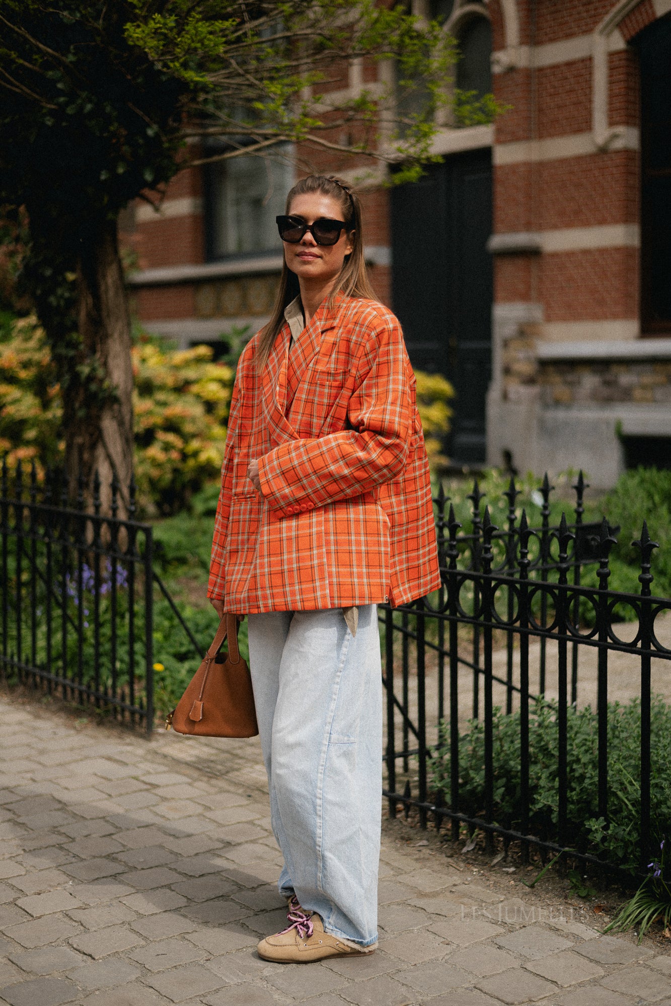 Chloe oversized signature check blazer - bright orange/ taupe