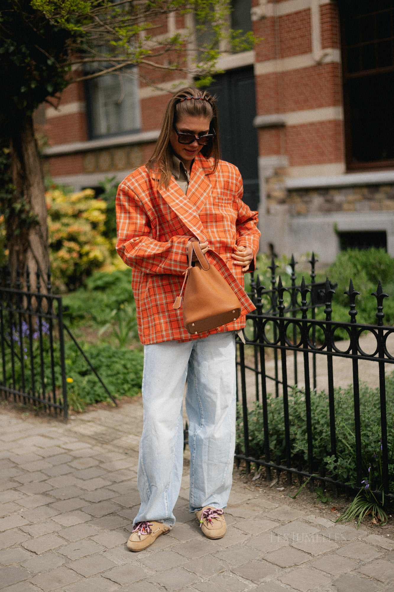 Chloe oversized signature check blazer - bright orange/ taupe