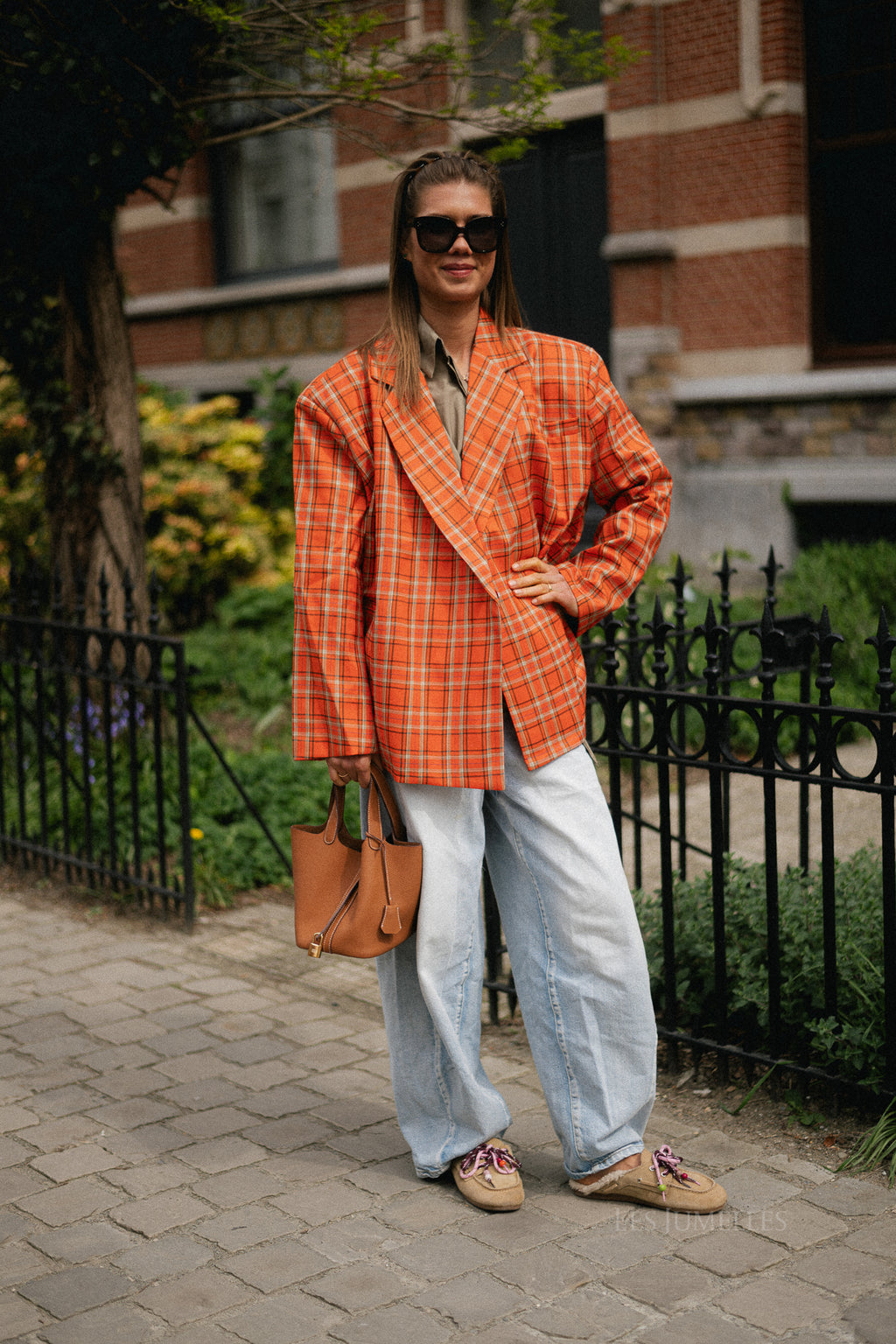 Chloe oversized signature check blazer - bright orange/ taupe