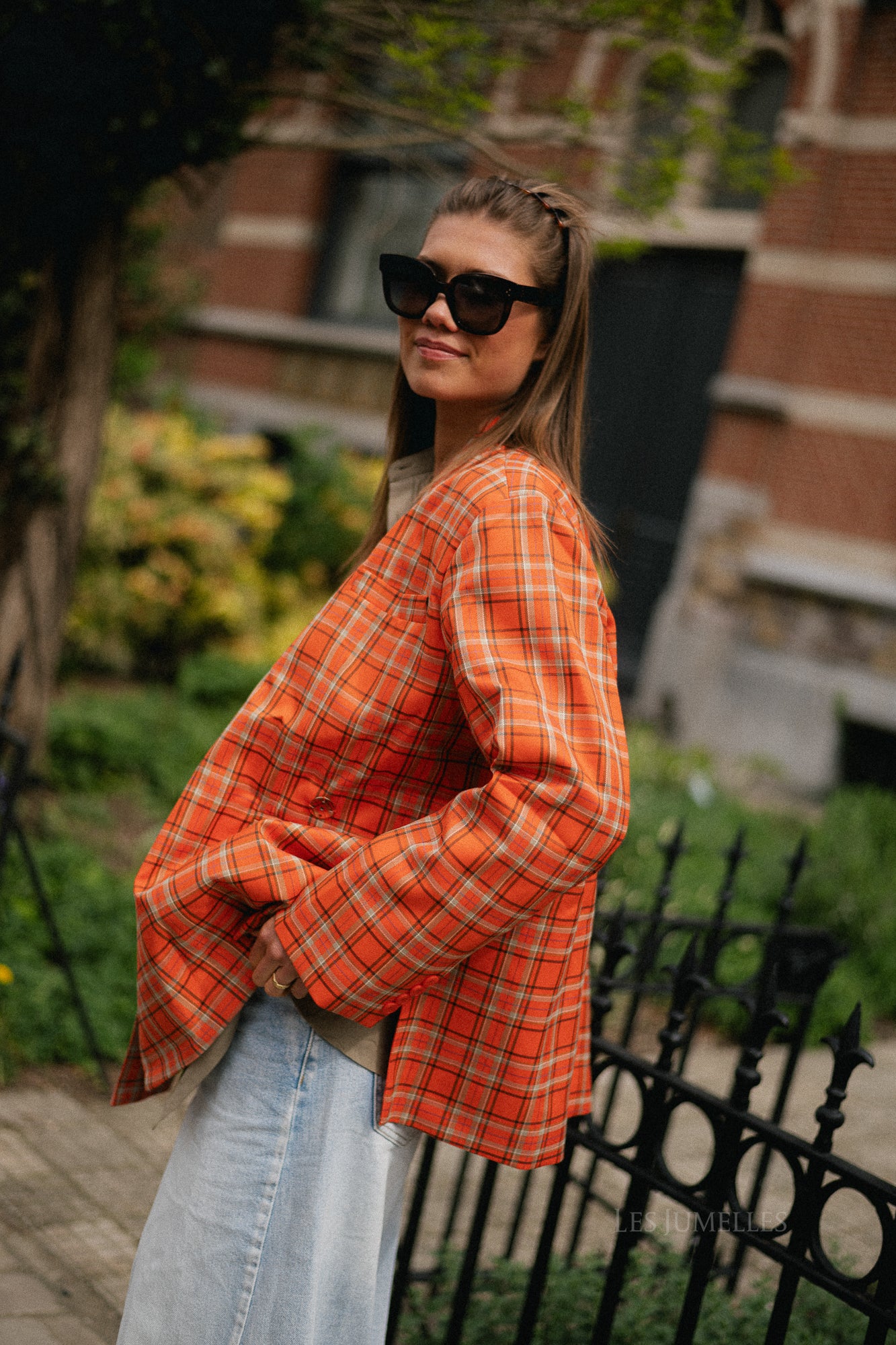 Chloe oversized signature check blazer - bright orange/ taupe