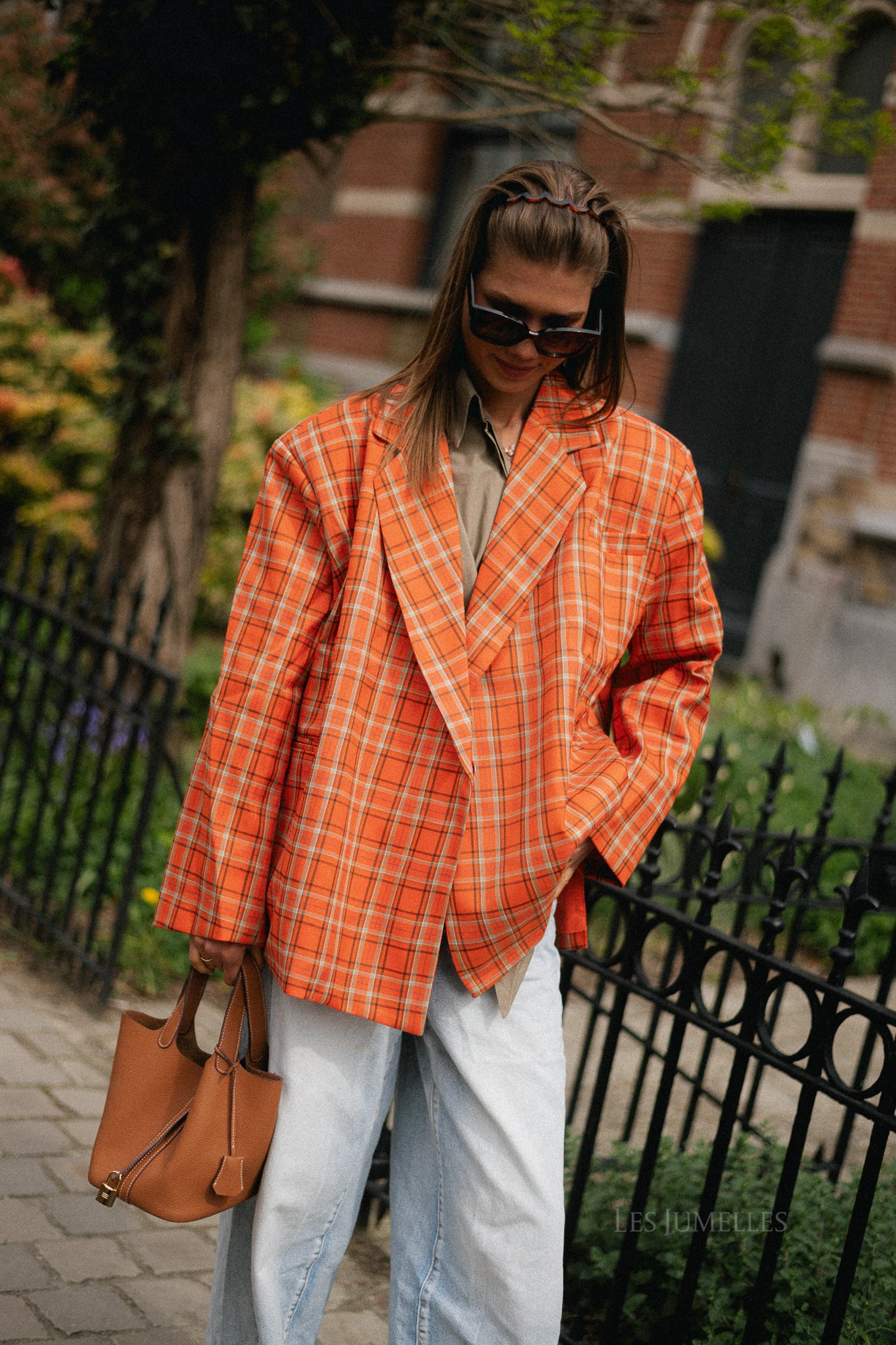 Chloe oversized signature check blazer - bright orange/ taupe