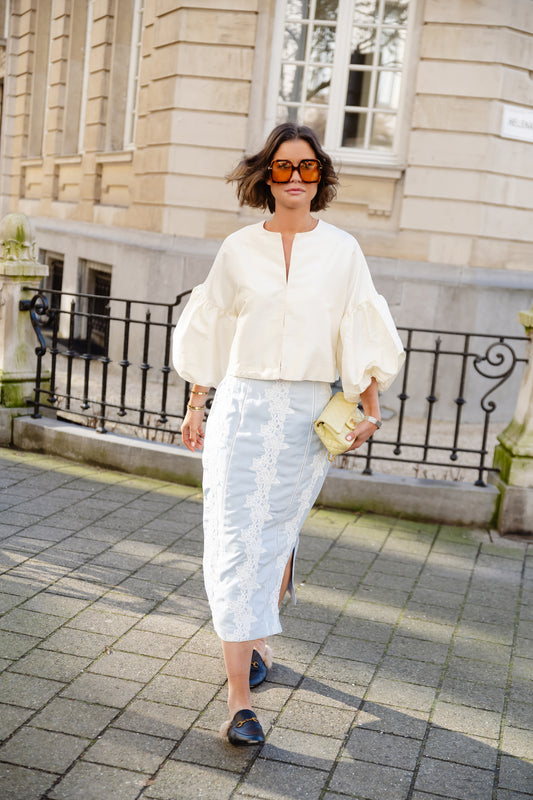Les Jumelles Melaine embroidered linen blend skirt light blue