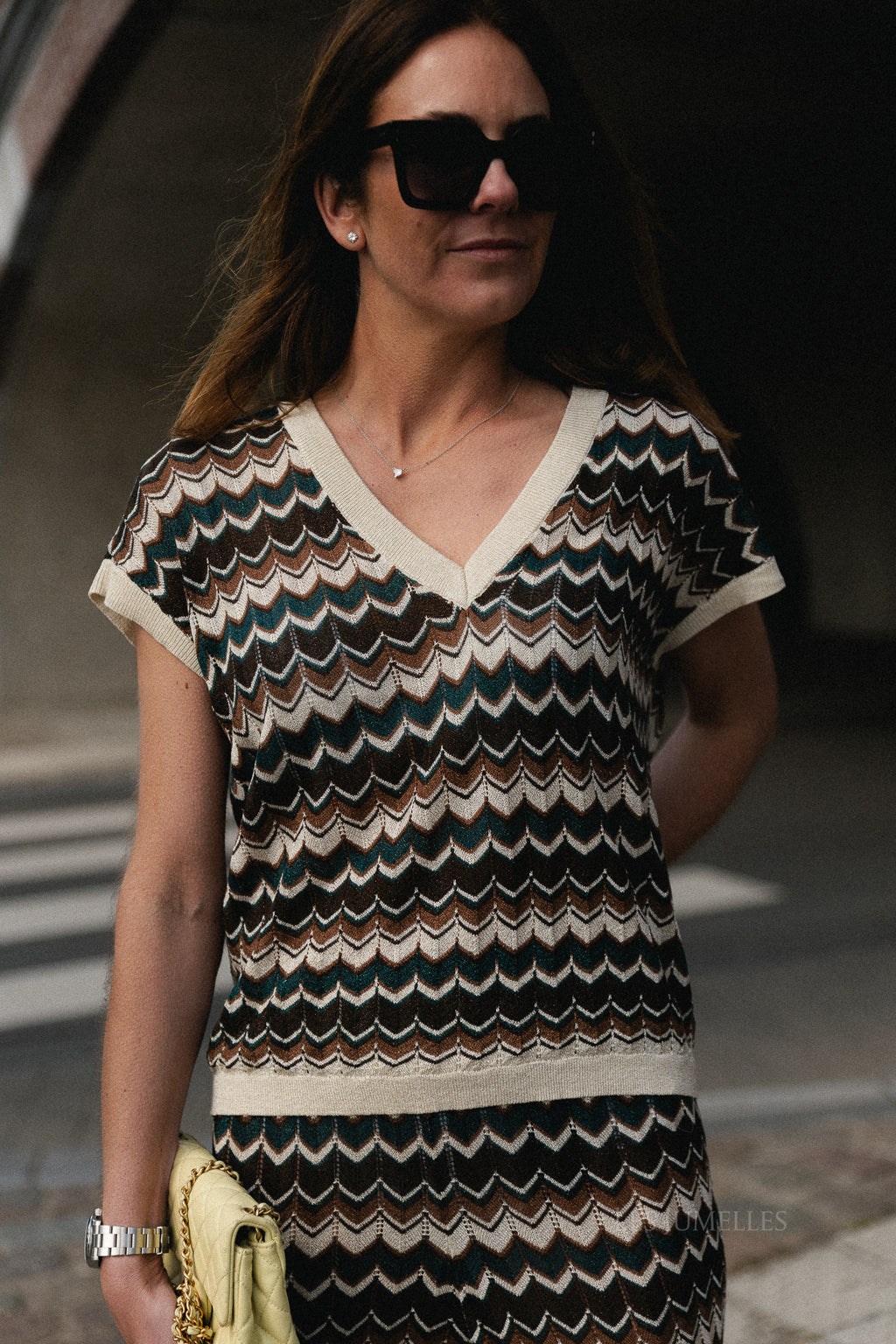 VIEmber V-neck SS glitter knit birch/multi