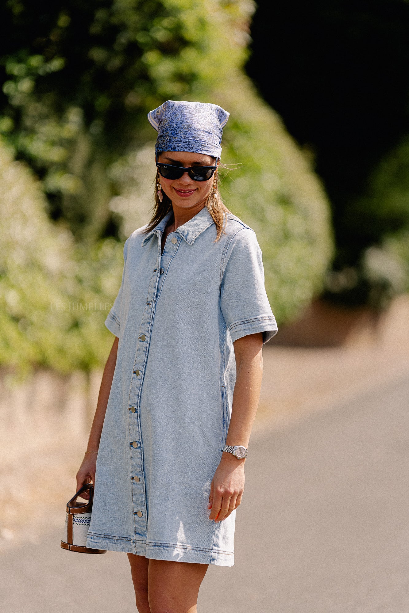 VISol 2/4 sleeve button dress light blue denim