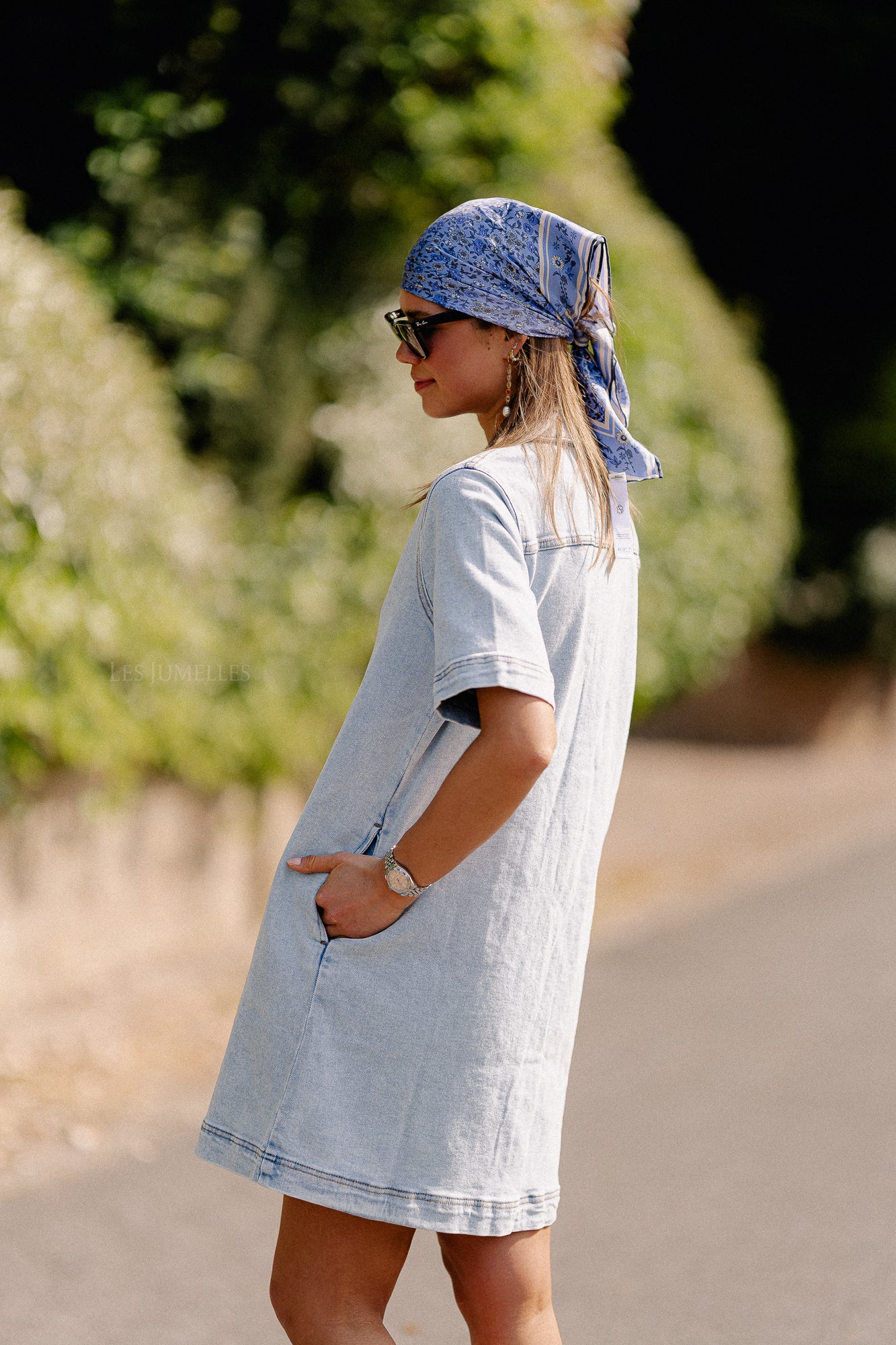 VISol 2/4 sleeve button dress light blue denim