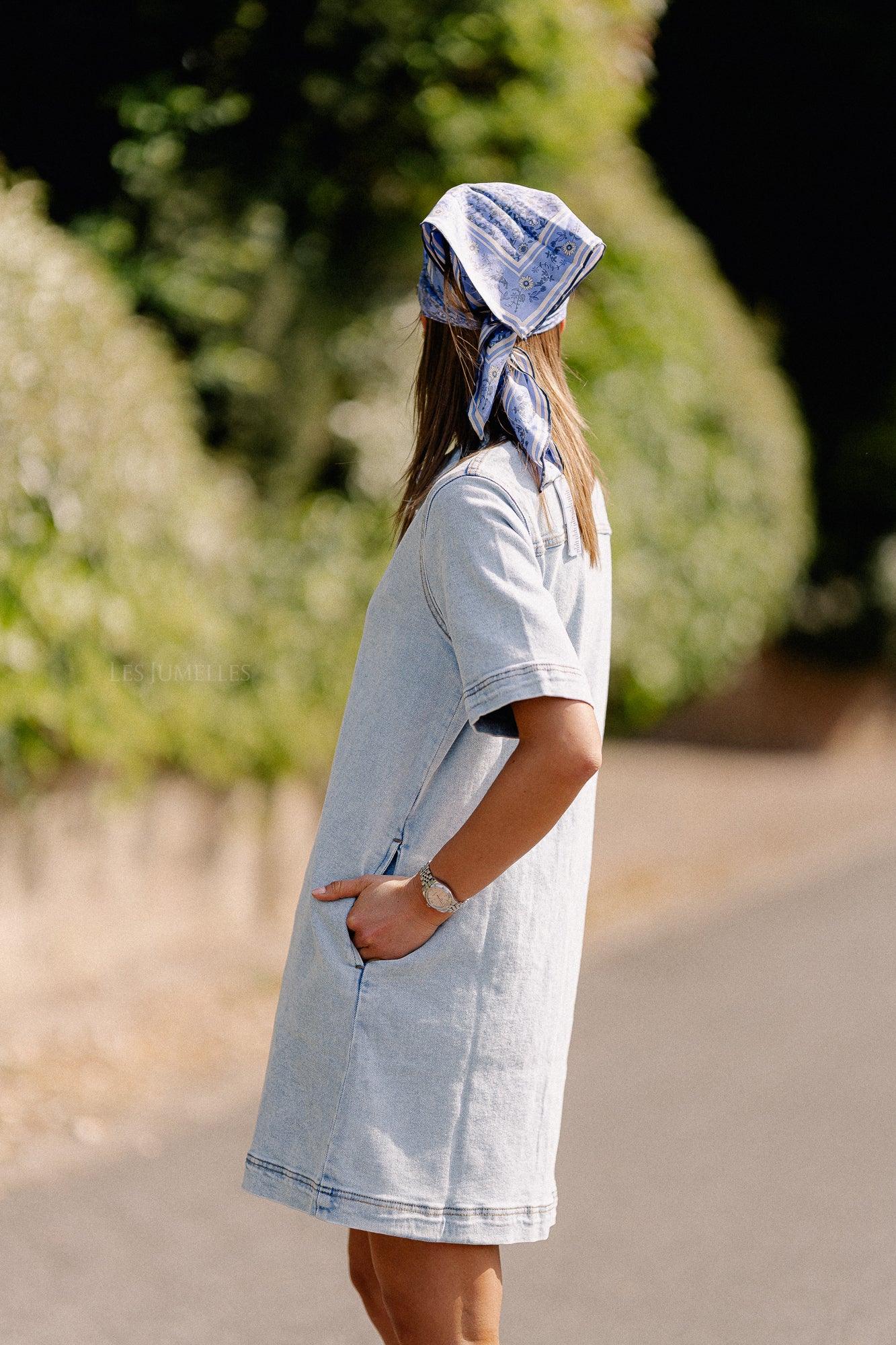 VISol 2/4 sleeve button dress light blue denim