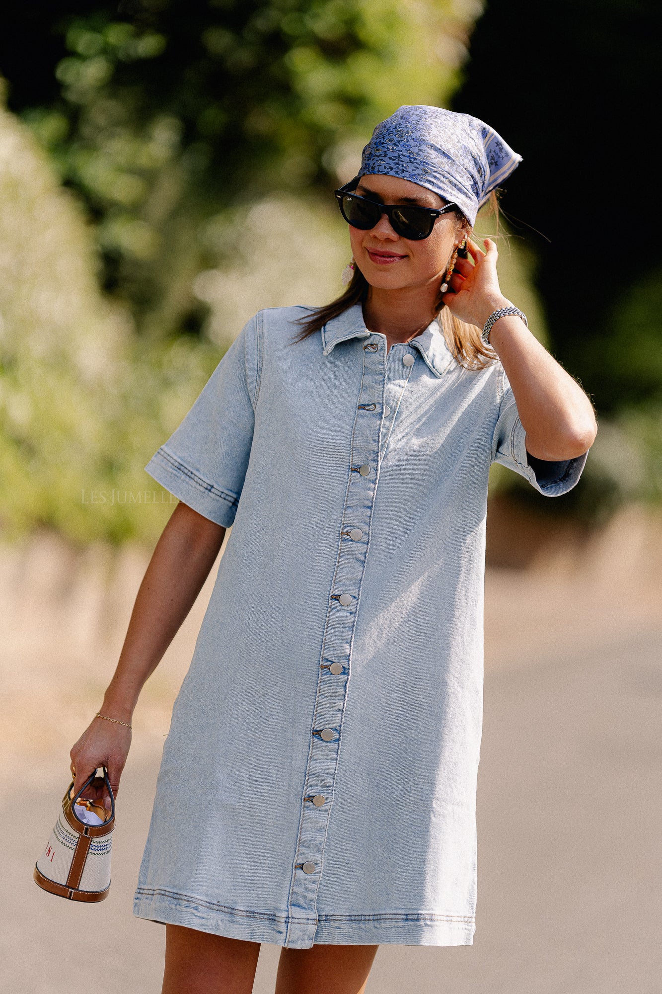 VISol 2/4 sleeve button dress light blue denim