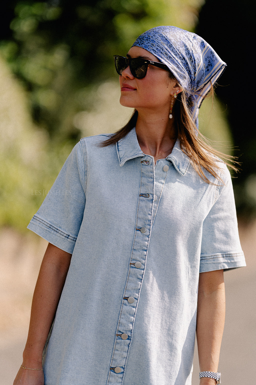 VISol 2/4 sleeve button dress light blue denim