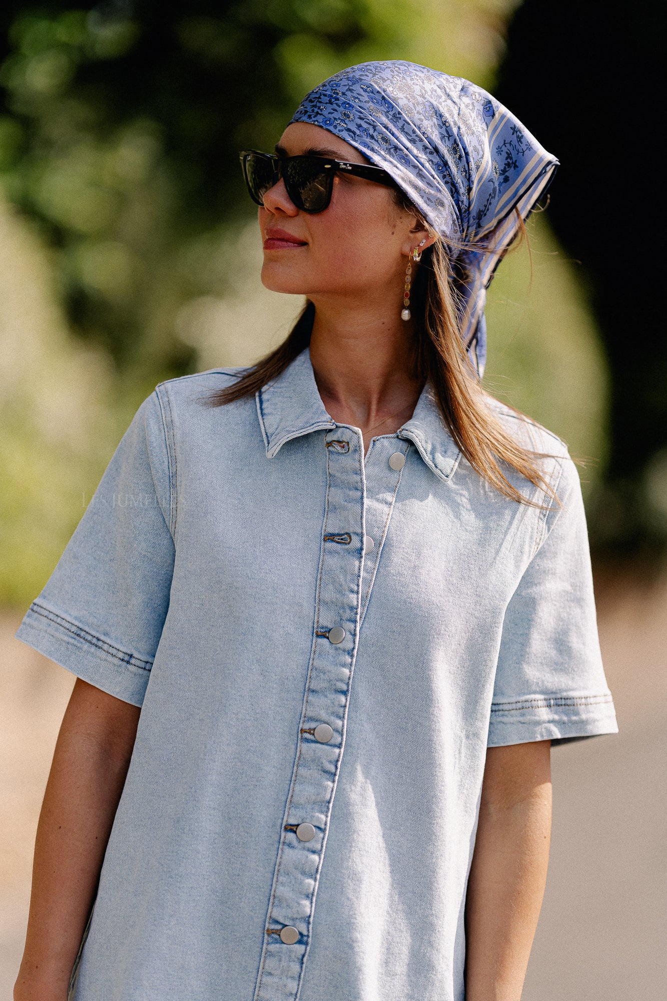 VISol 2/4 sleeve button dress light blue denim