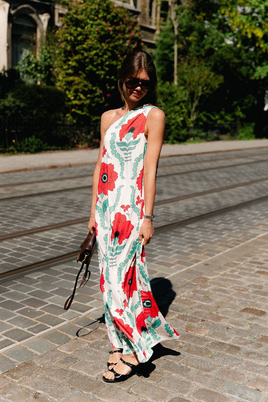 Nia one shoulder printed dress ecru/red