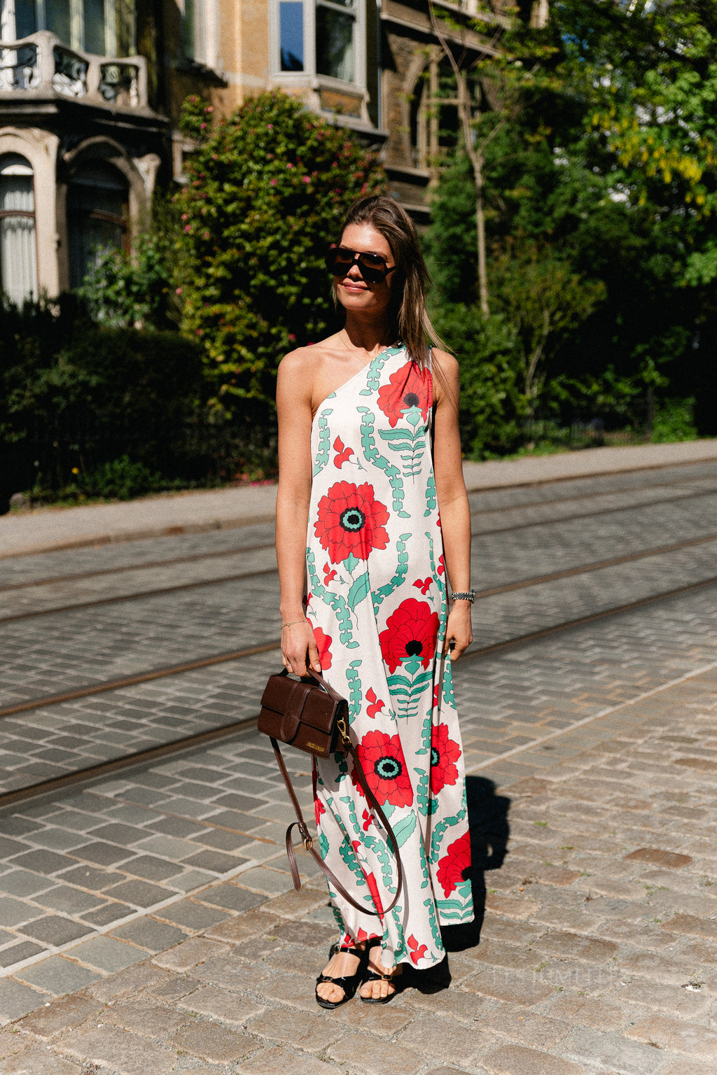 Nia one shoulder printed dress ecru/red