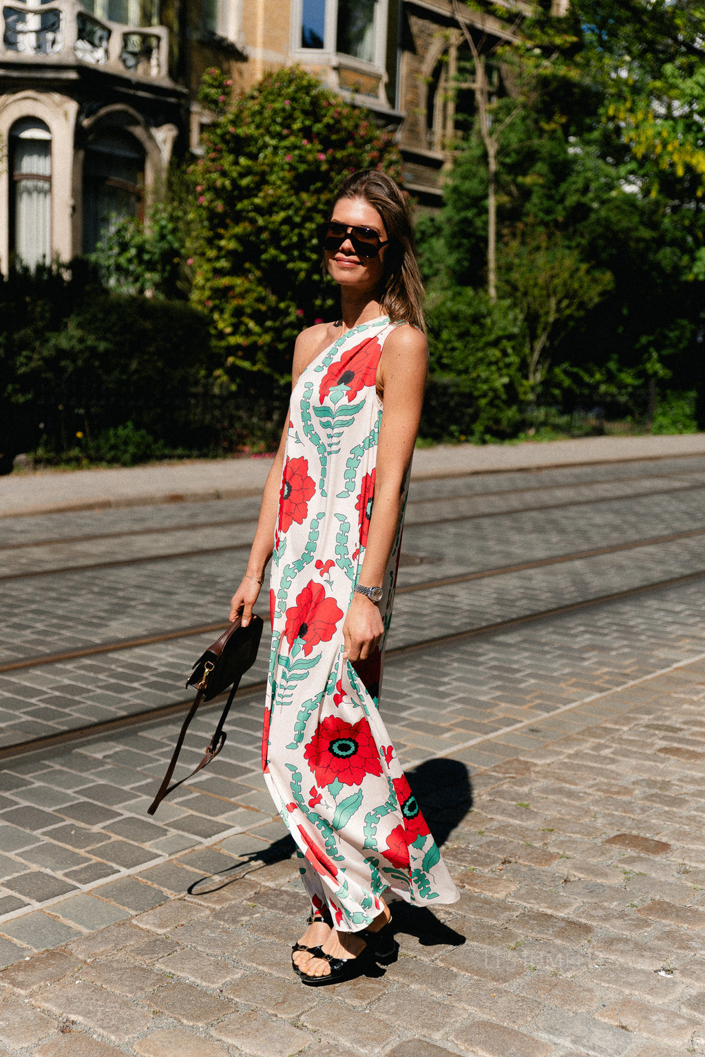 Nia one shoulder printed dress ecru/red
