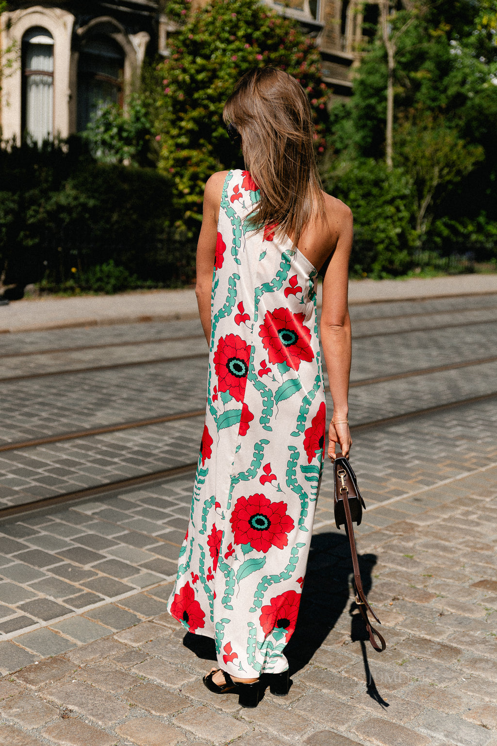 Nia one shoulder printed dress ecru/red