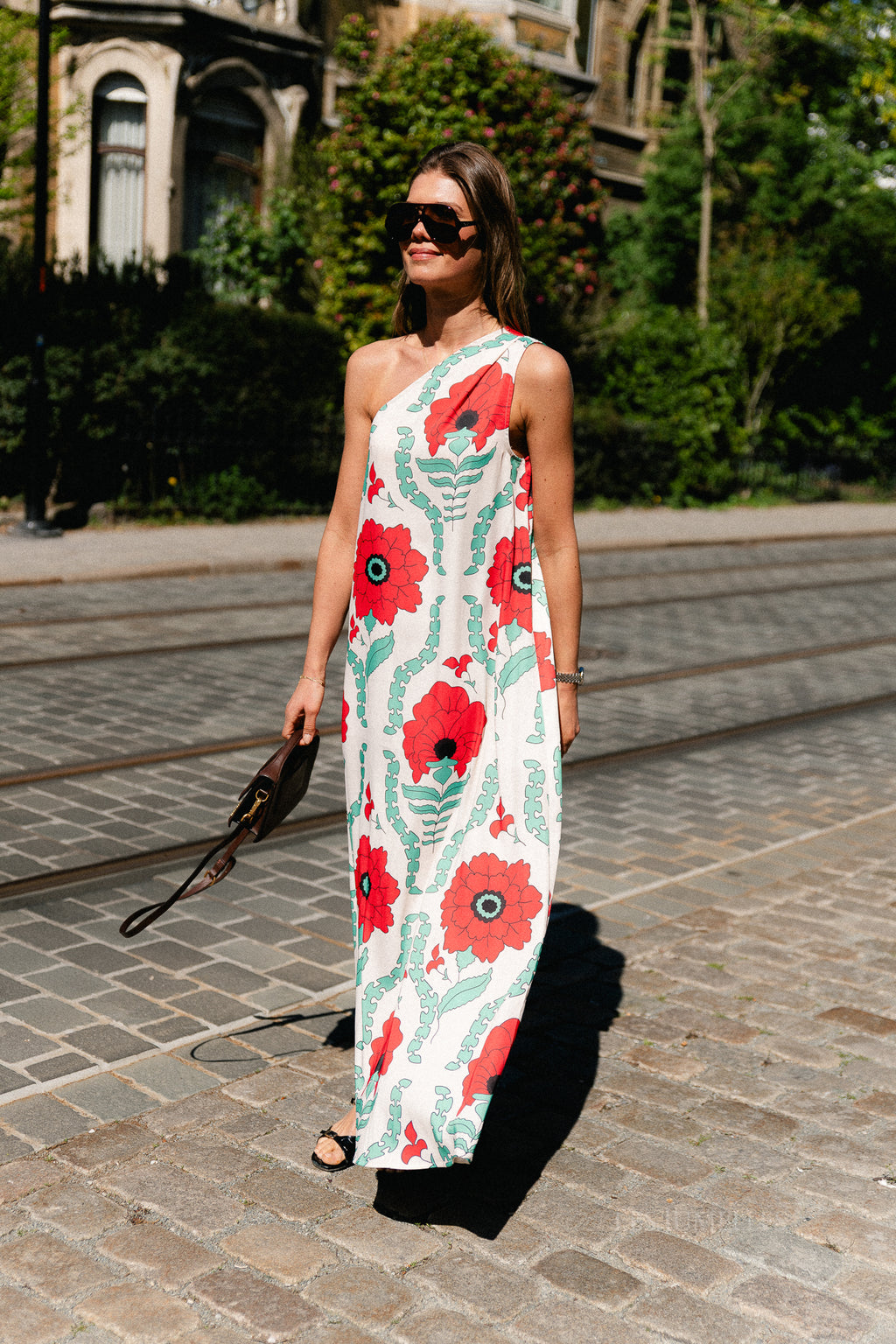 Nia one shoulder printed dress ecru/red
