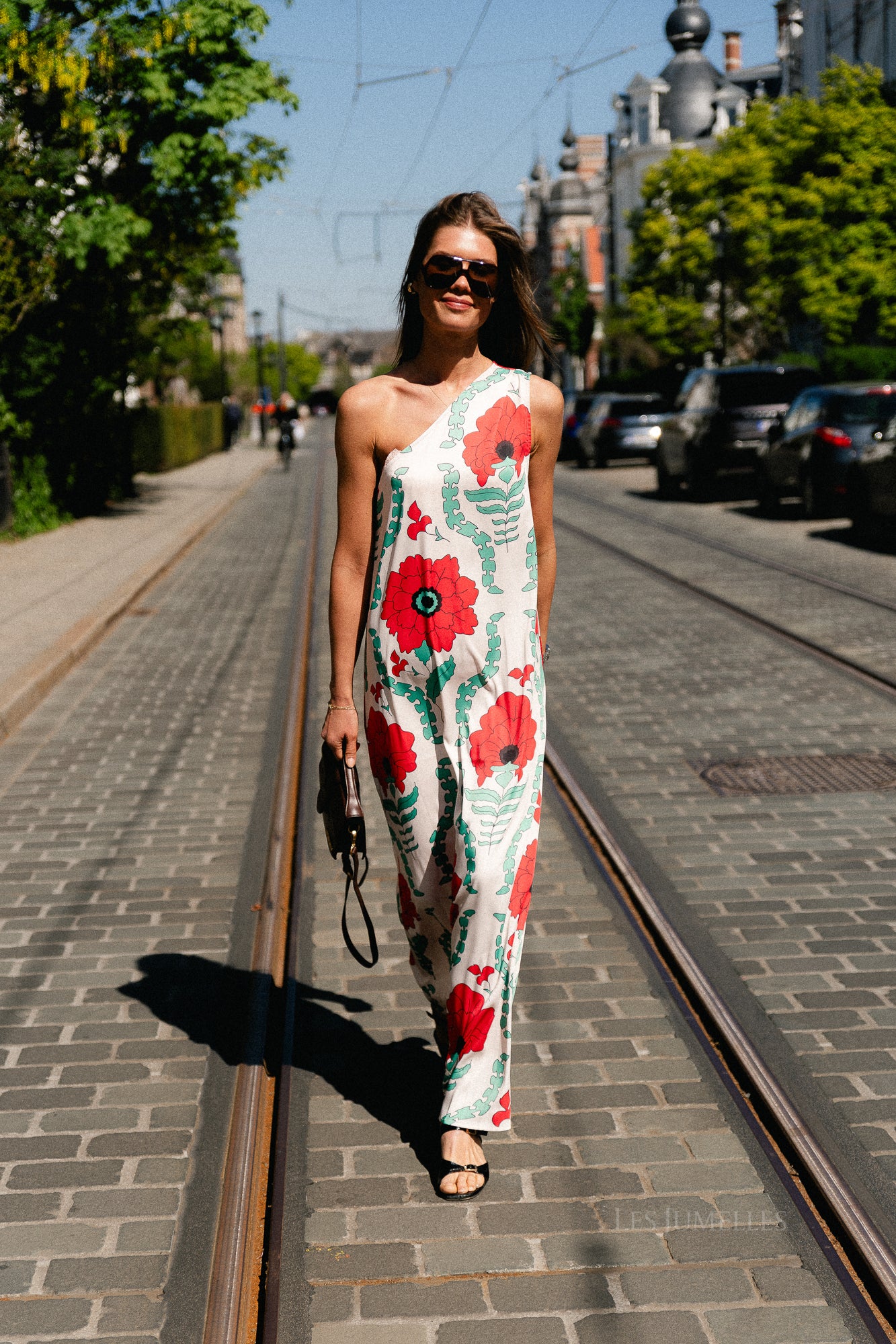 Nia one shoulder printed dress ecru/red