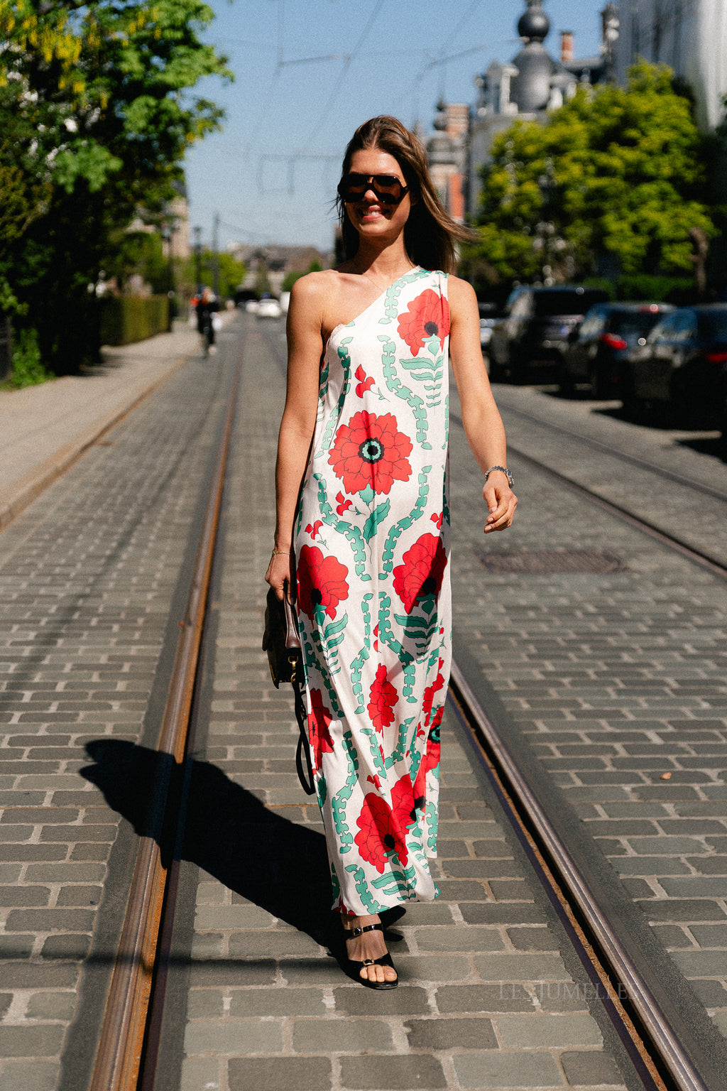 Nia one shoulder printed dress ecru/red