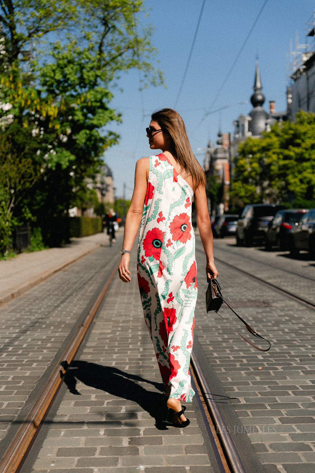 Nia one shoulder printed dress ecru/red