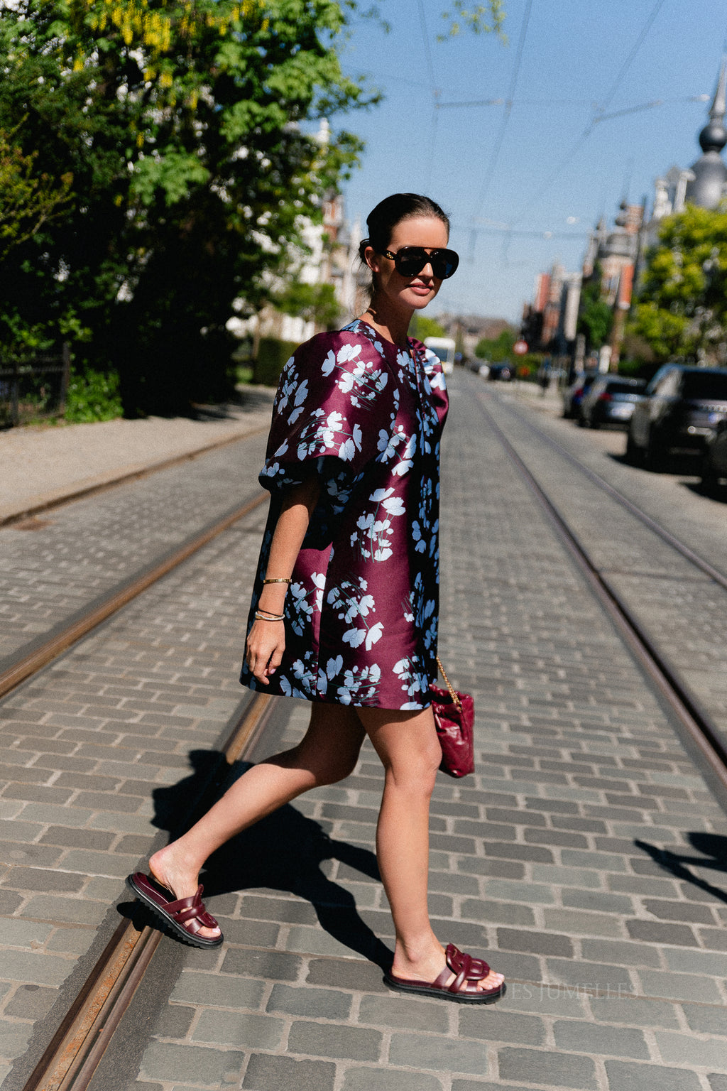 Charlotte dress viola print burgundy/baby blue