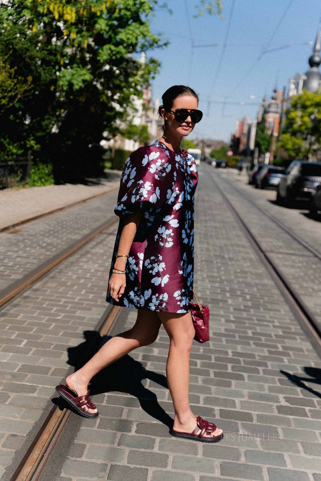 Charlotte dress viola print burgundy/baby blue