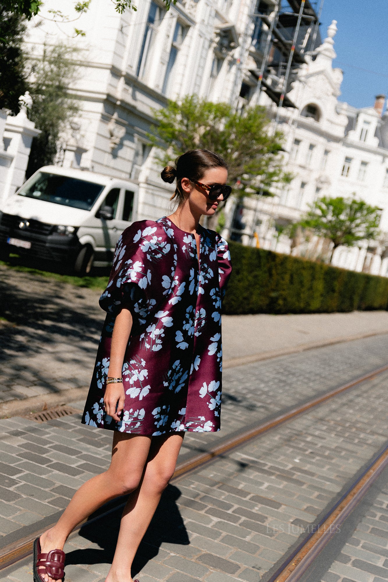 Charlotte dress viola print burgundy/baby blue