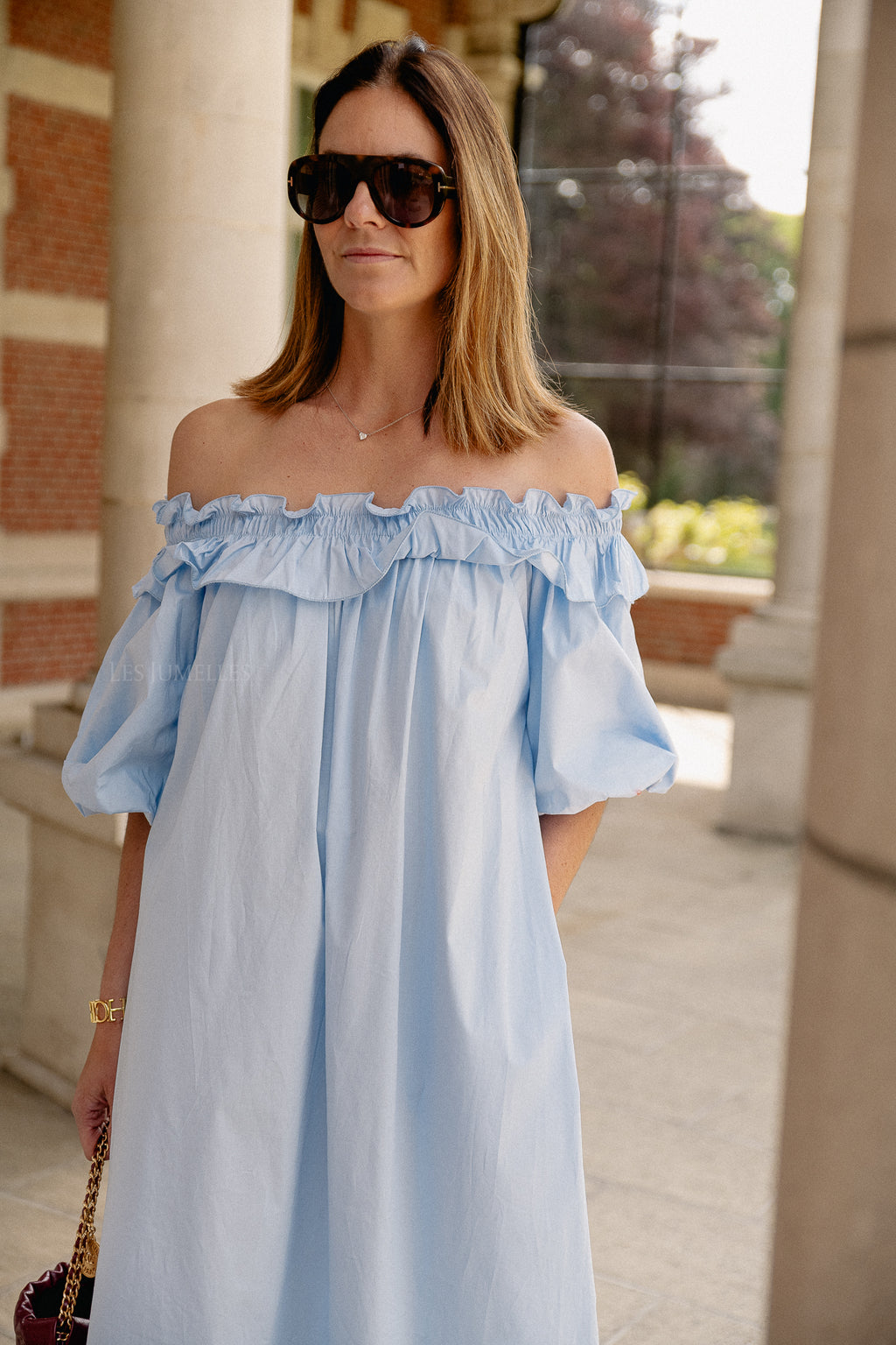 Robe longue à épaules dénudées Eleonore bleu clair