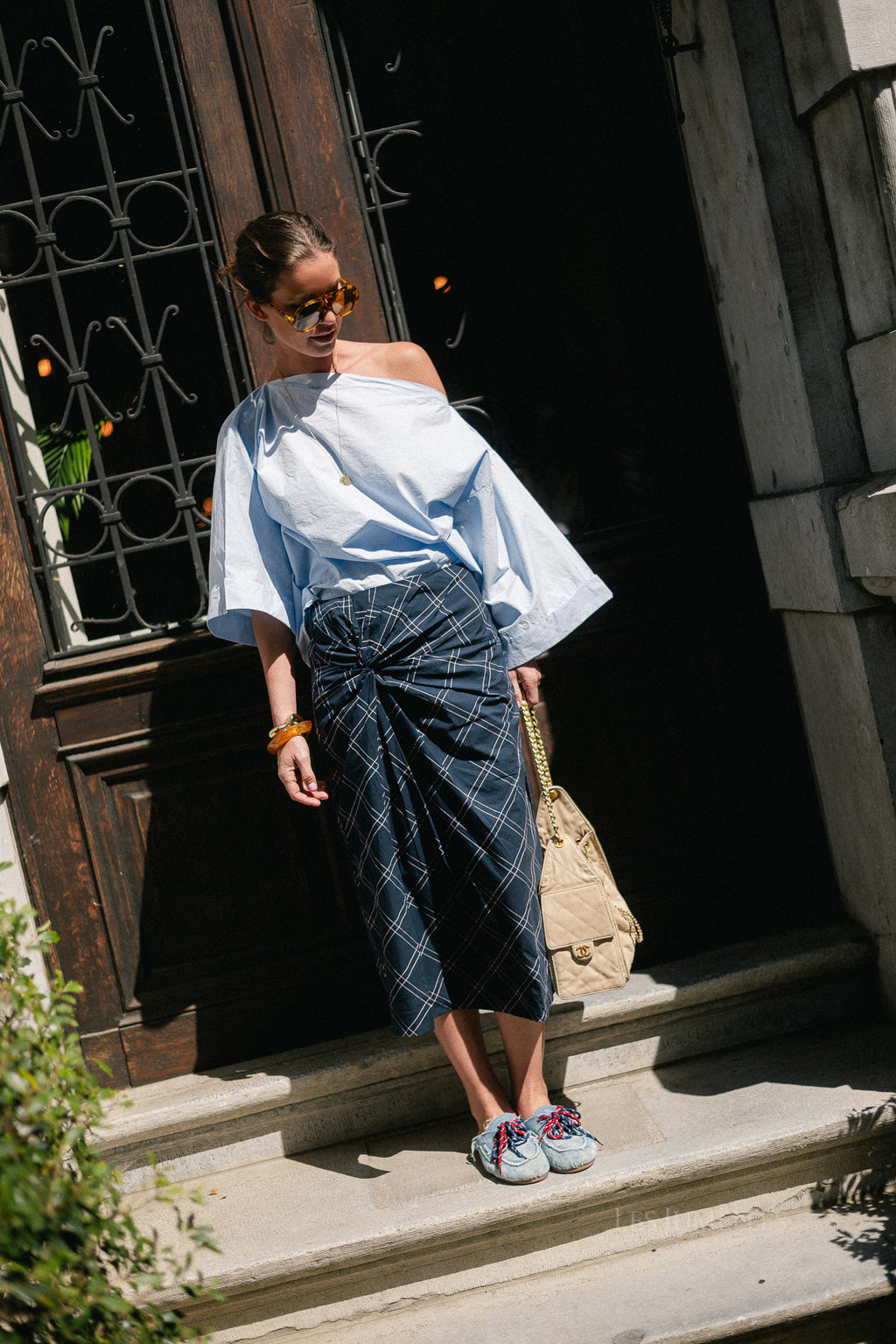 SLWDelia MW twist detail midi skirt dark sapphire/checks