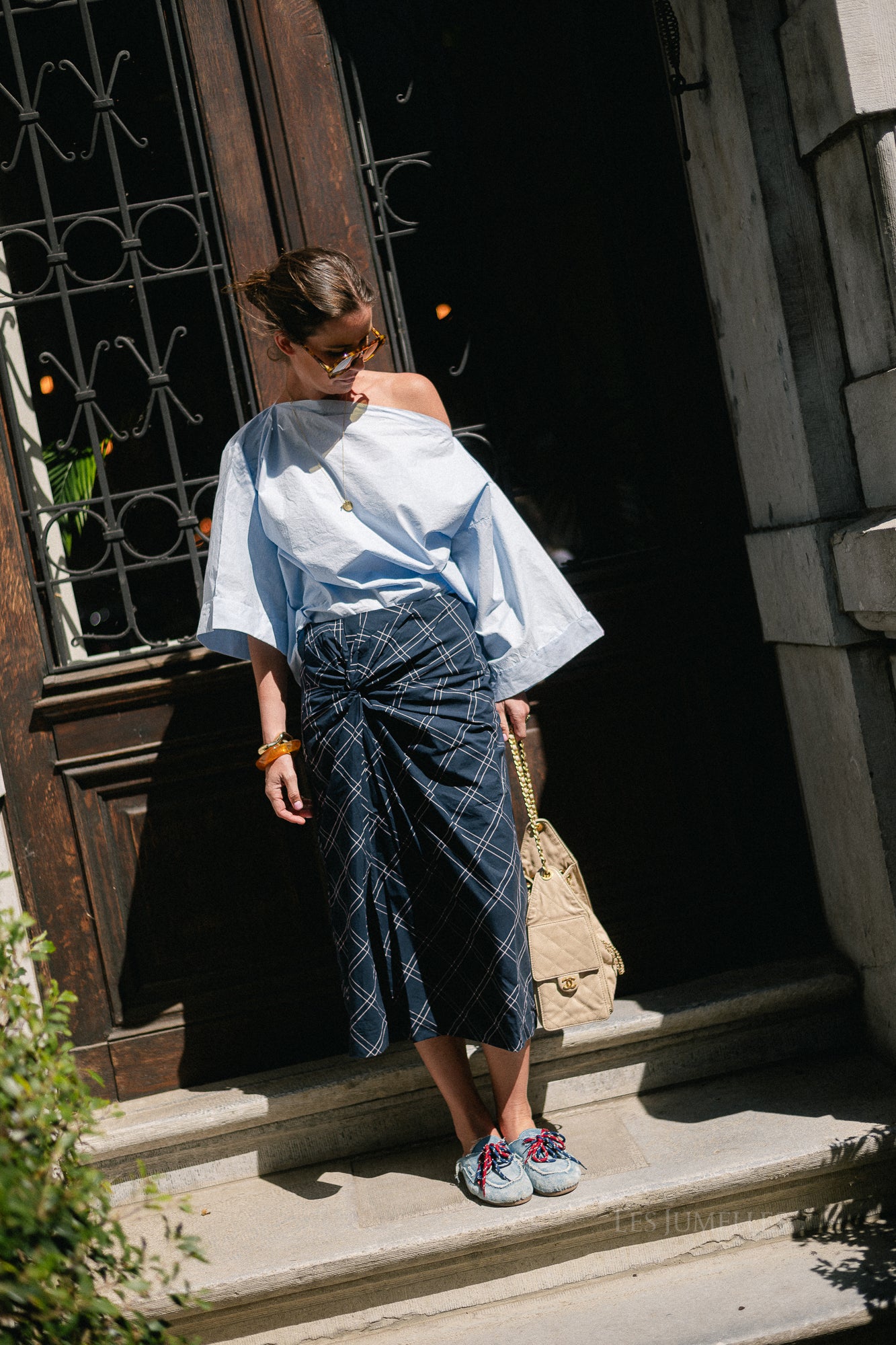 SLWDelia MW twist detail midi skirt dark sapphire/checks
