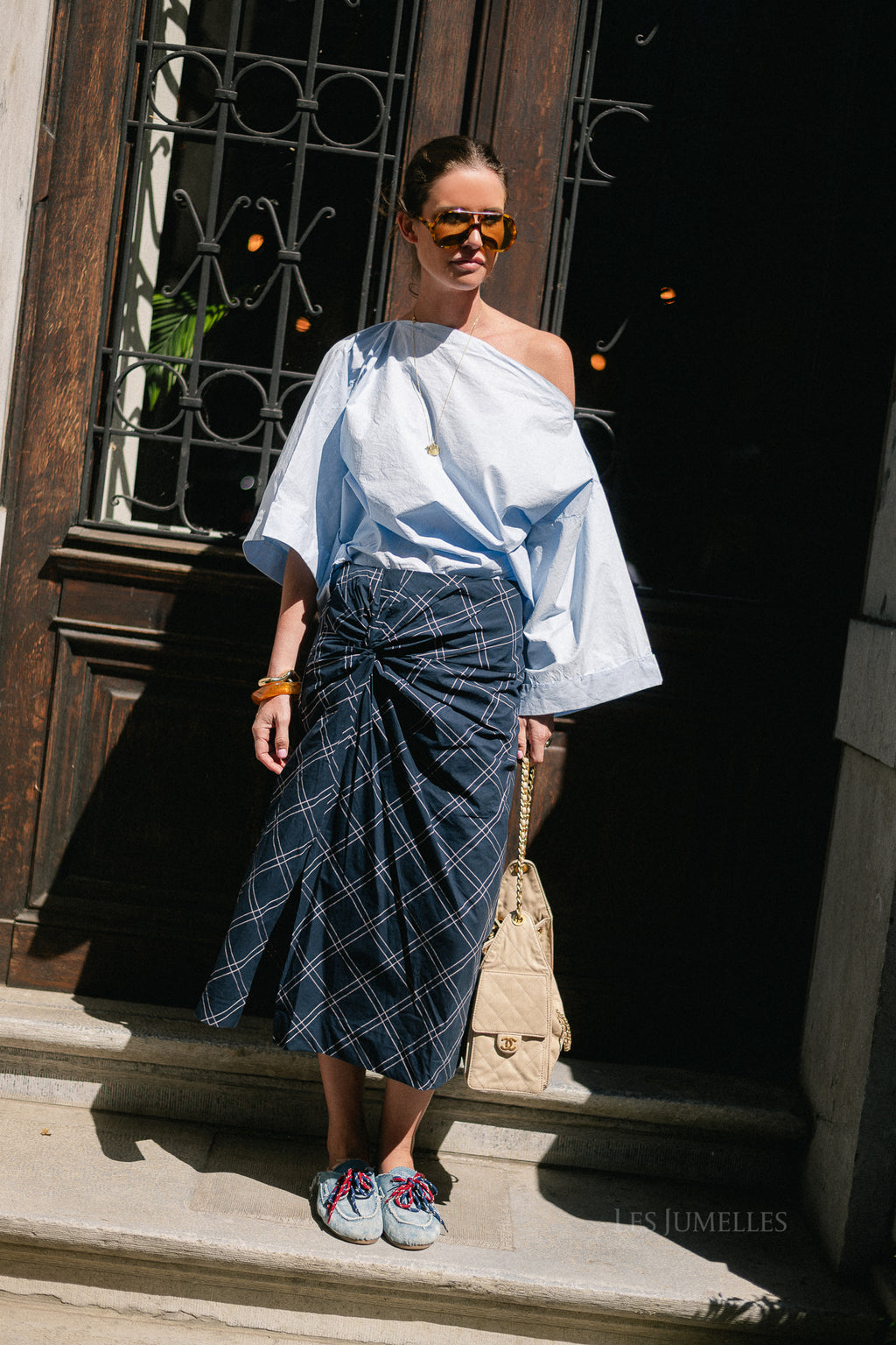 SLWDelia MW twist detail midi skirt dark sapphire/checks