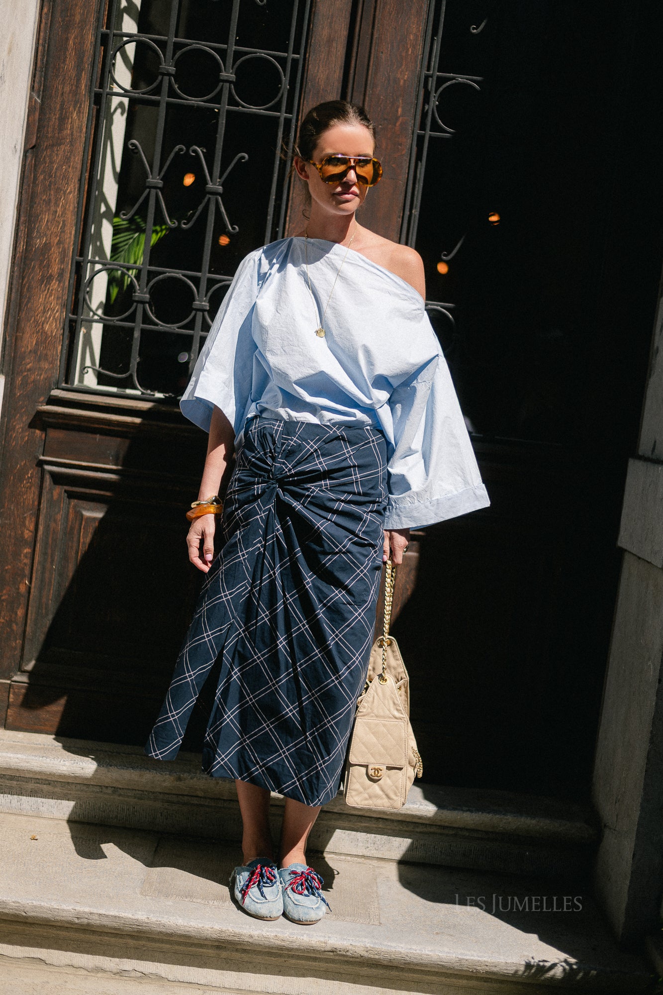 SLWDelia MW twist detail midi skirt dark sapphire/checks