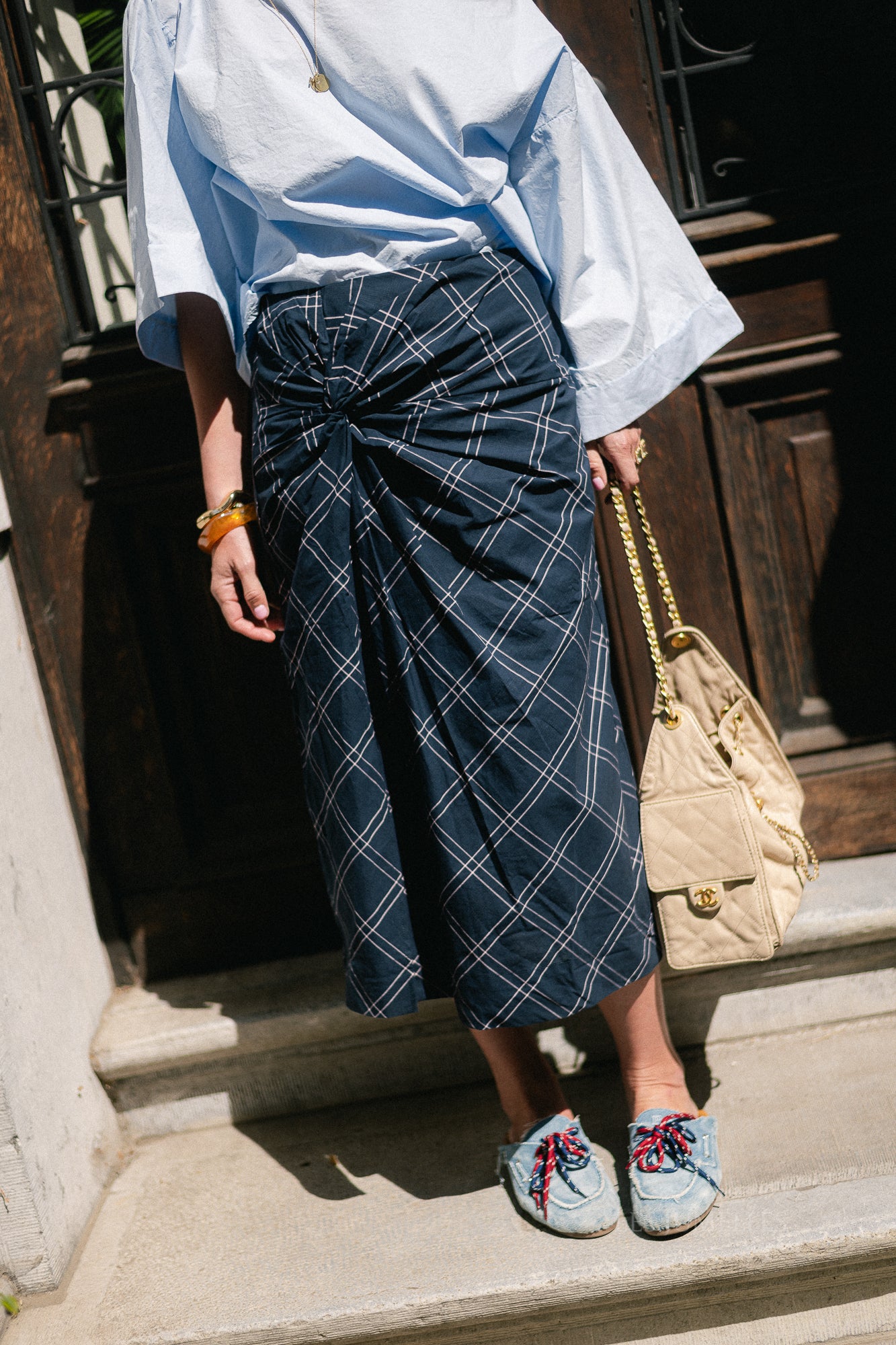 SLWDelia MW twist detail midi skirt dark sapphire/checks