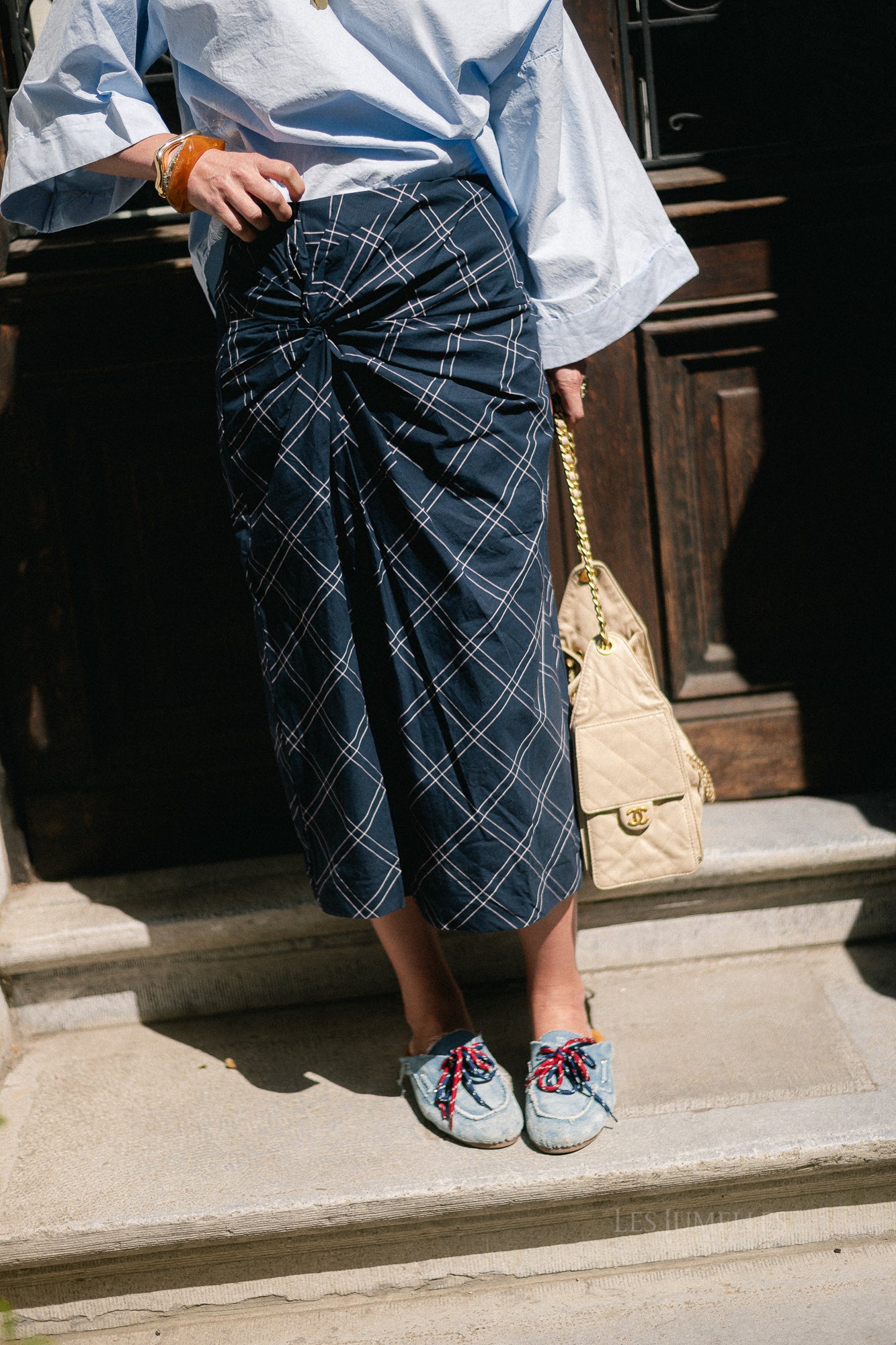 SLWDelia MW twist detail midi skirt dark sapphire/checks