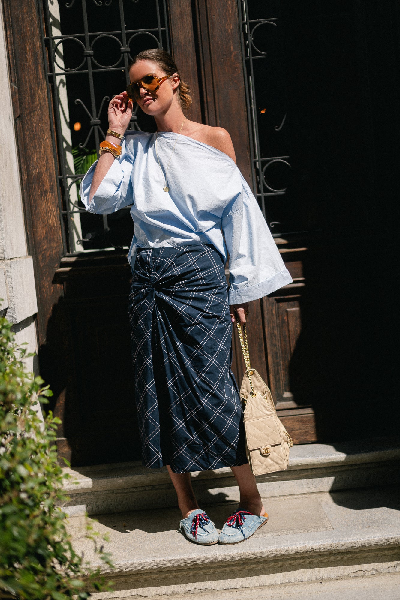 SLWDelia MW twist detail midi skirt dark sapphire/checks