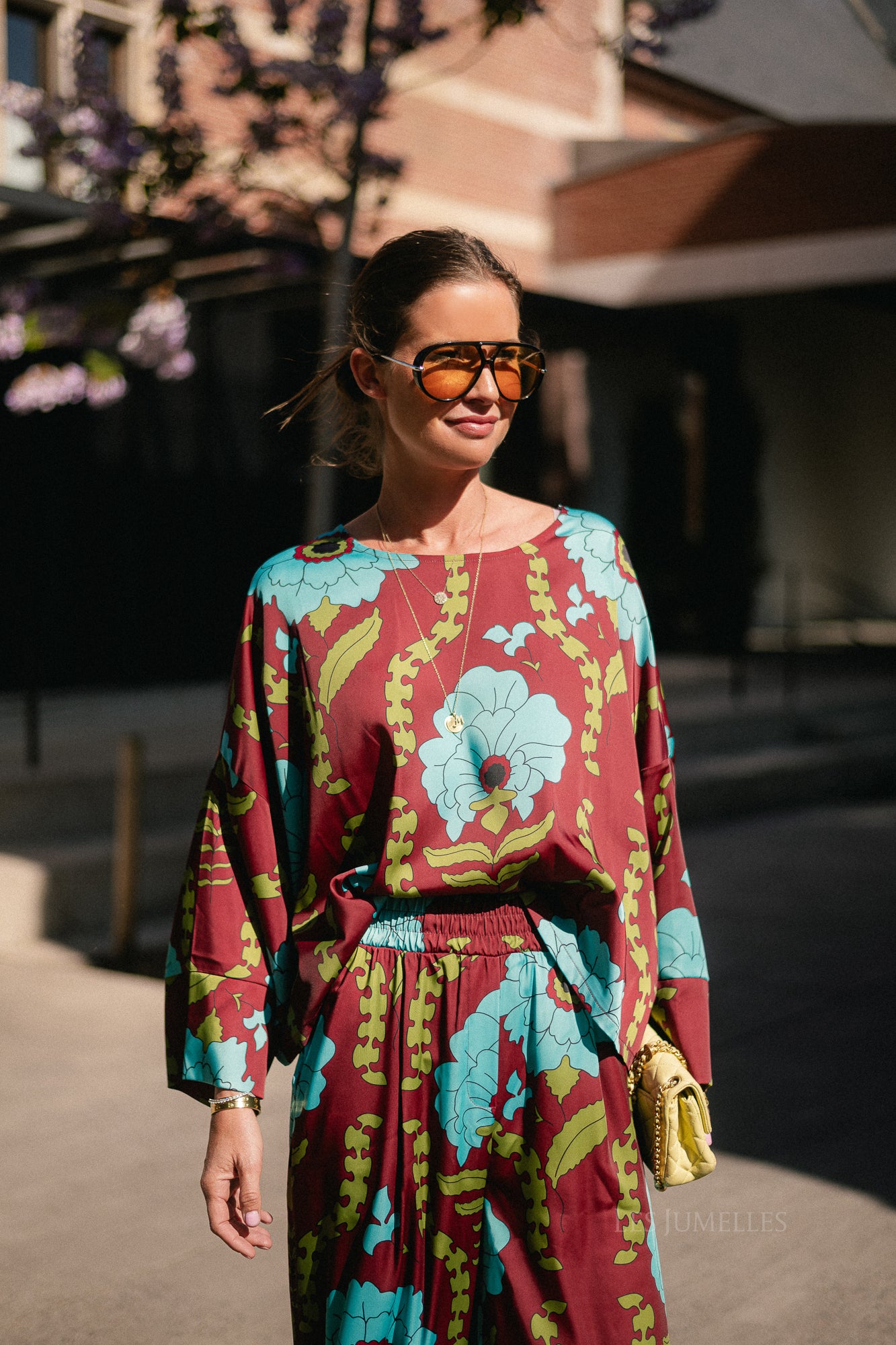 Gill printed sateen blouse - burgundy/turquoise