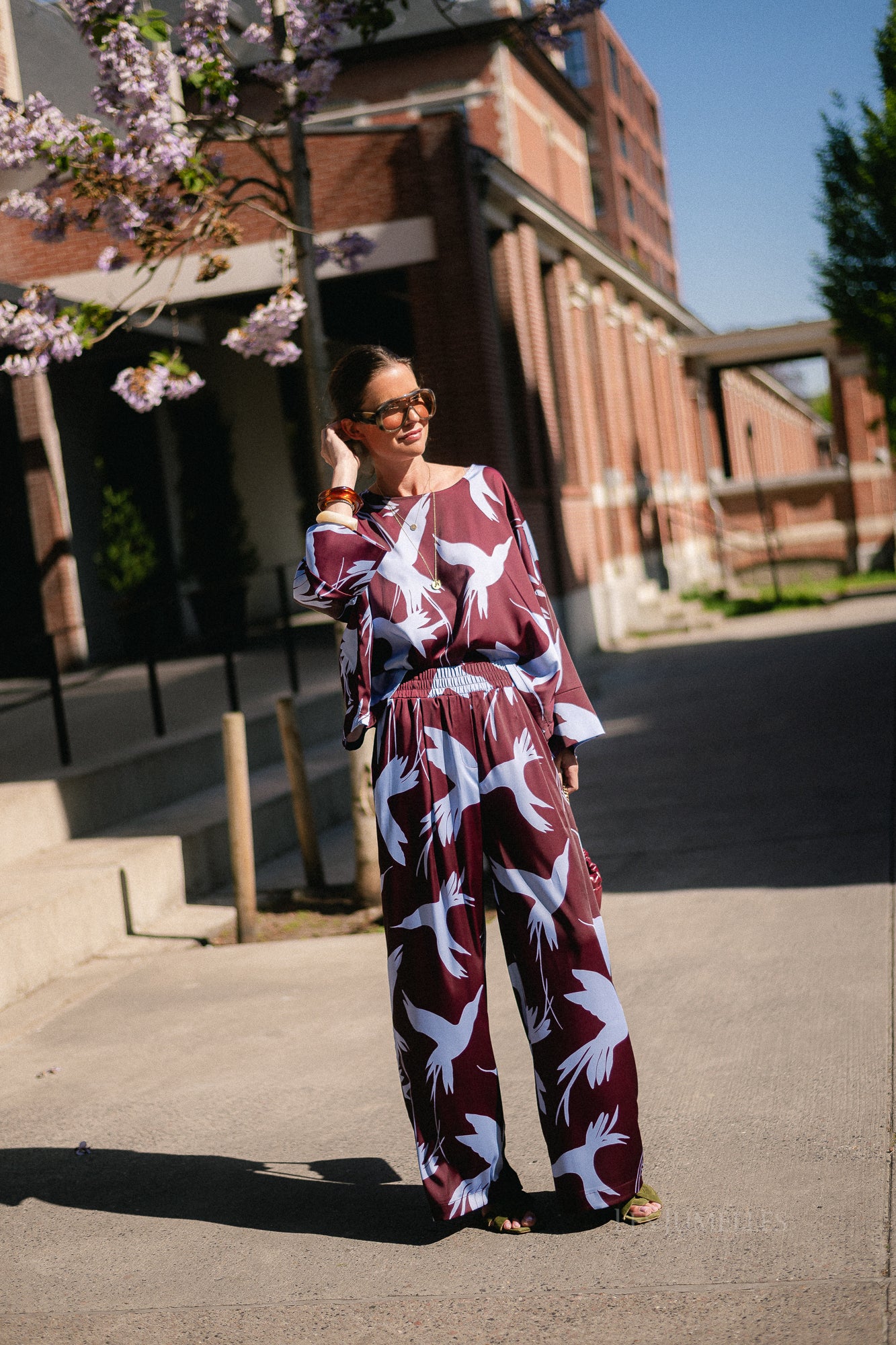 Gill sateen pants birds burgundy/baby blue