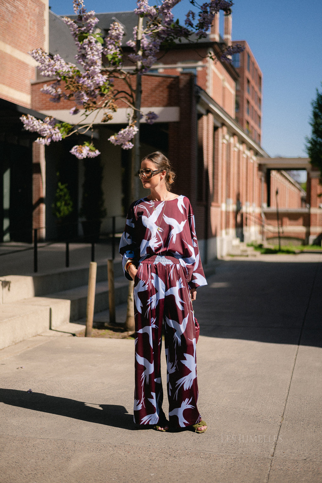 Gill sateen pants birds burgundy/baby blue