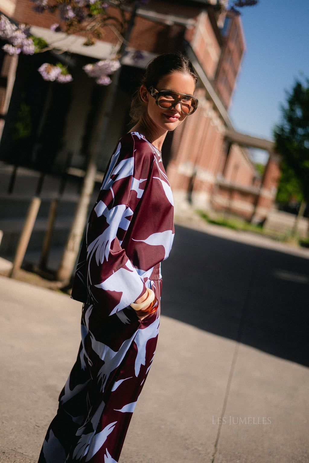 Gill printed blouse birds burgundy/baby blue
