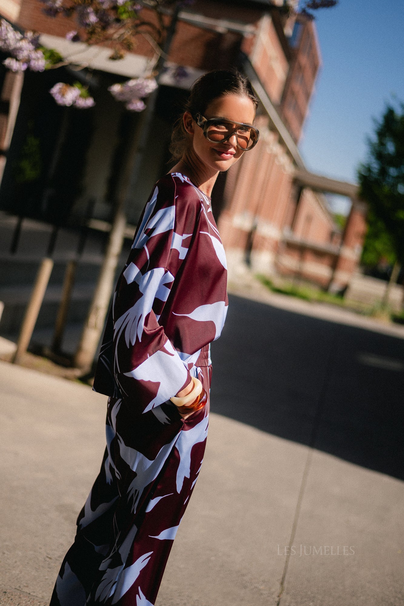 Gill printed blouse birds burgundy/baby blue