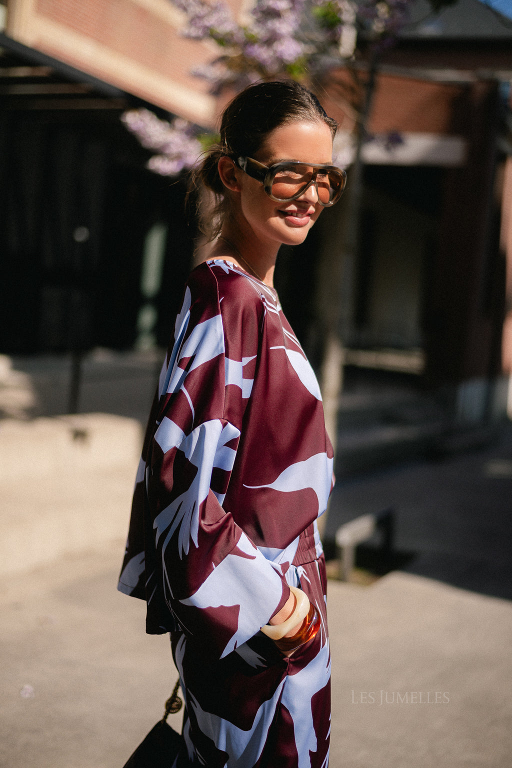Gill printed blouse birds burgundy/baby blue