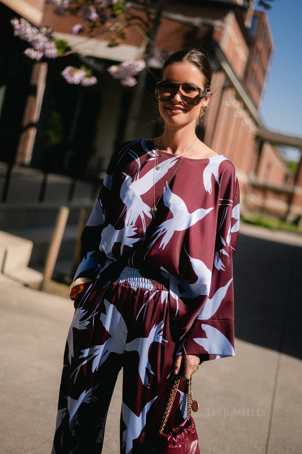 Gill printed blouse birds burgundy/baby blue