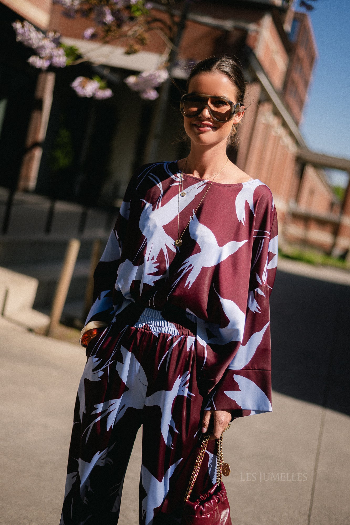 Gill printed blouse birds burgundy/baby blue