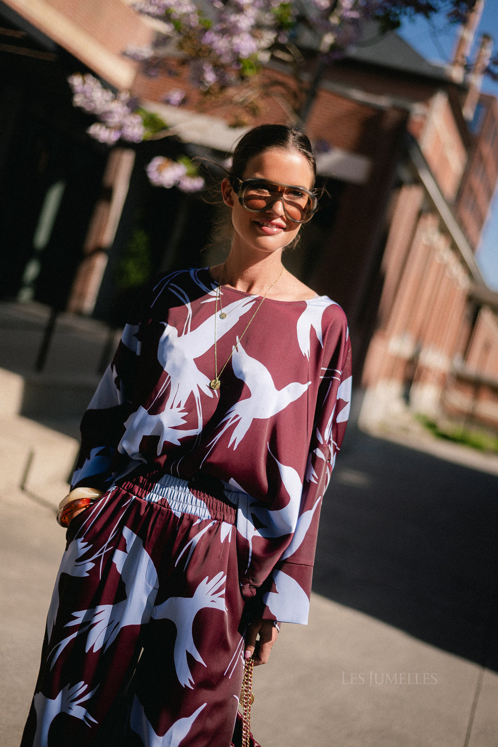 Gill printed blouse birds burgundy/baby blue