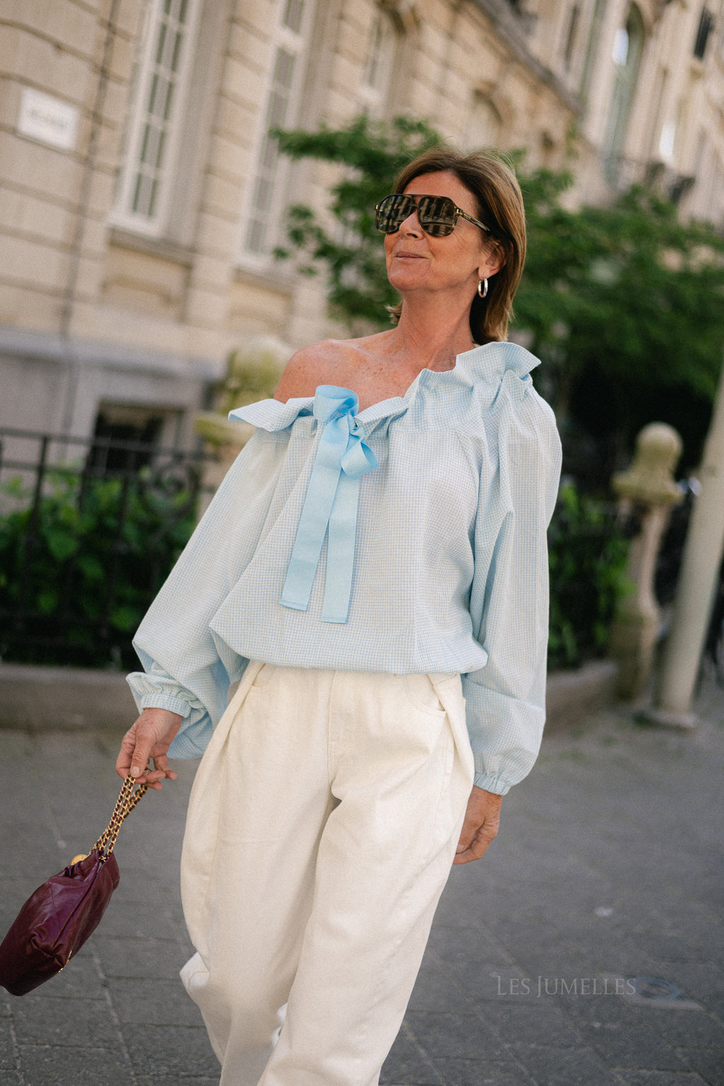 Isaline checked off shoulder blouse light blue