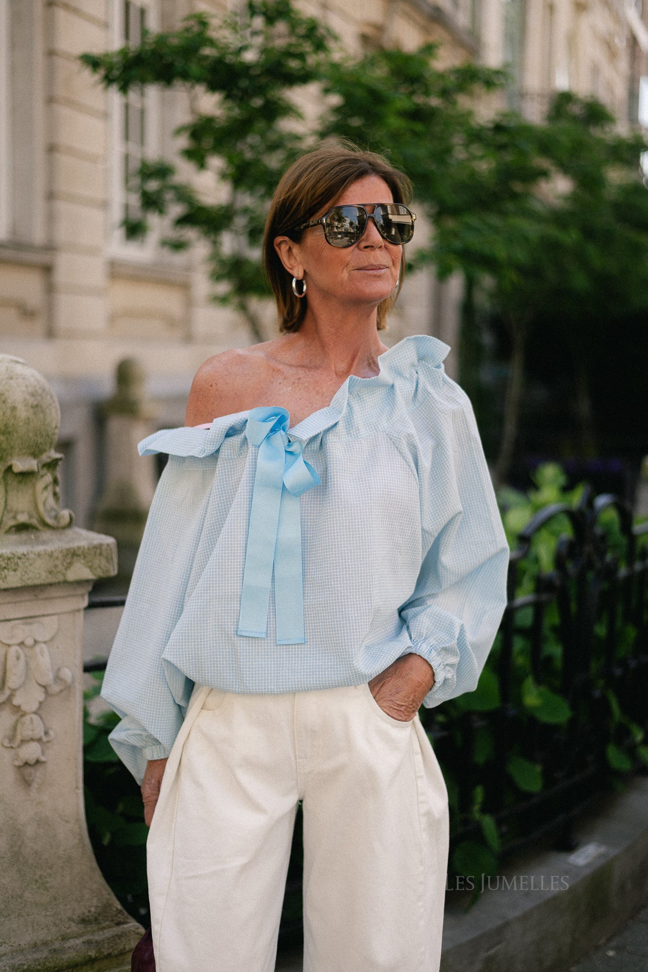 Isaline checked off shoulder blouse light blue