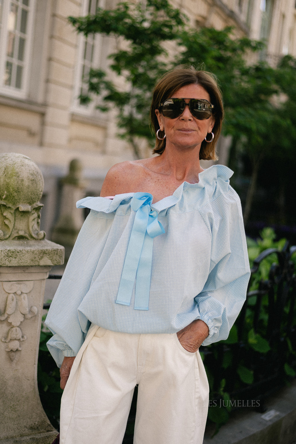 Isaline checked off shoulder blouse light blue