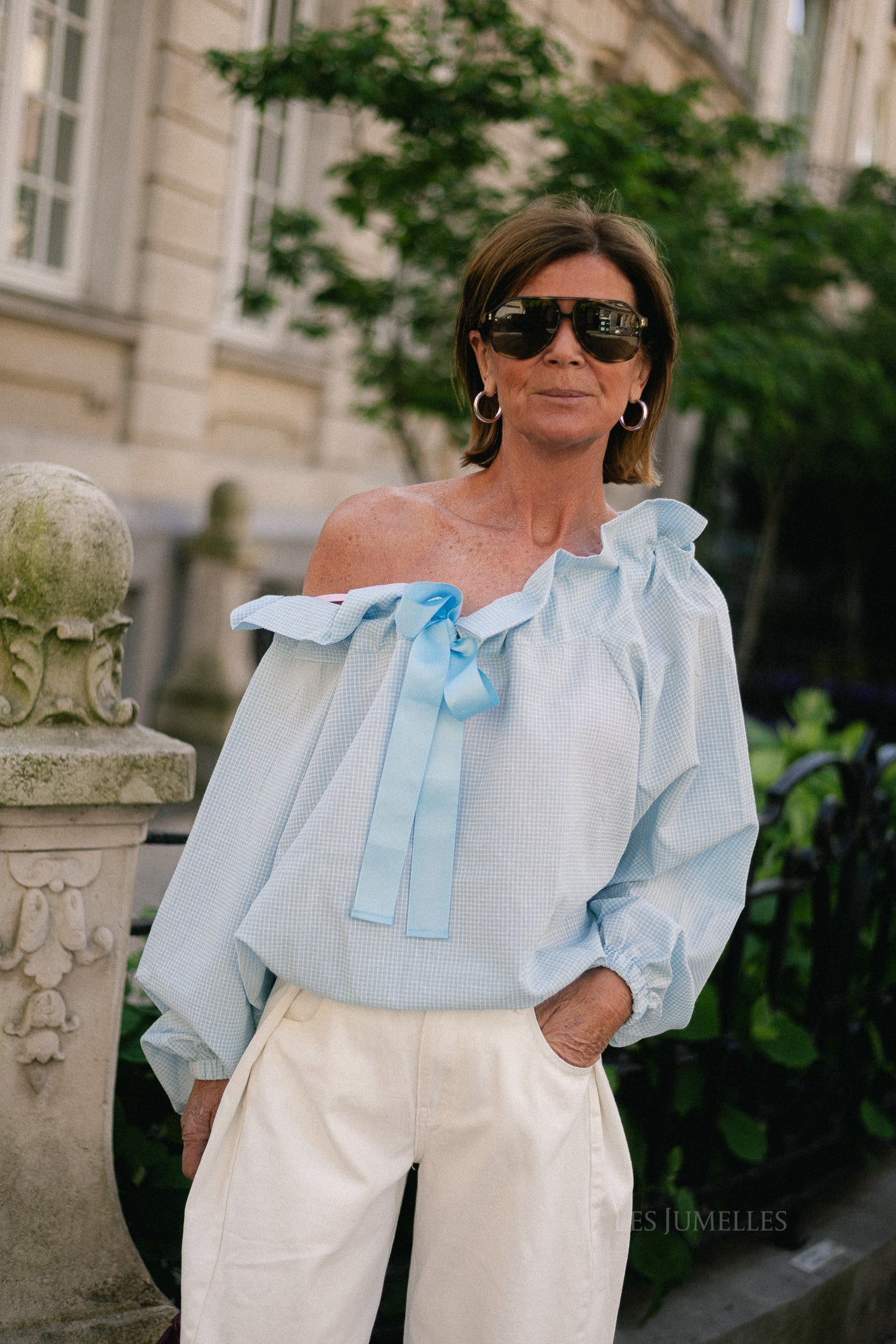 Isaline checked off shoulder blouse light blue