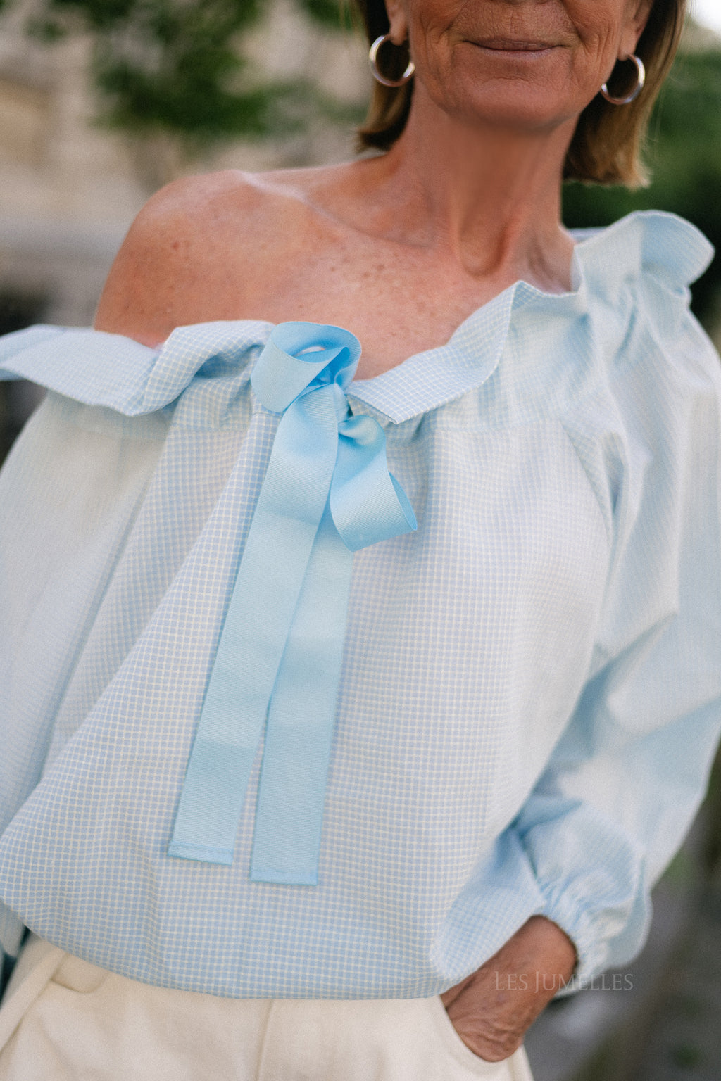 Isaline checked off shoulder blouse light blue