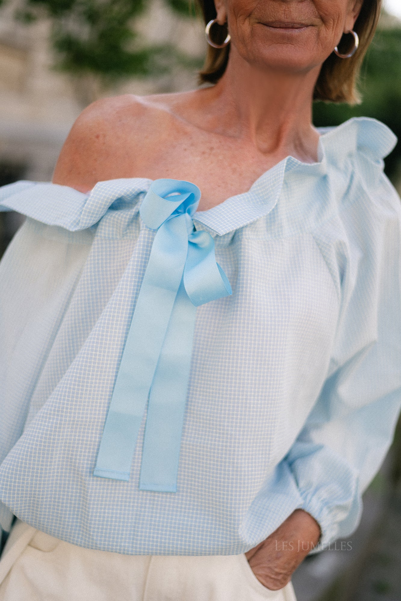 Isaline checked off shoulder blouse light blue